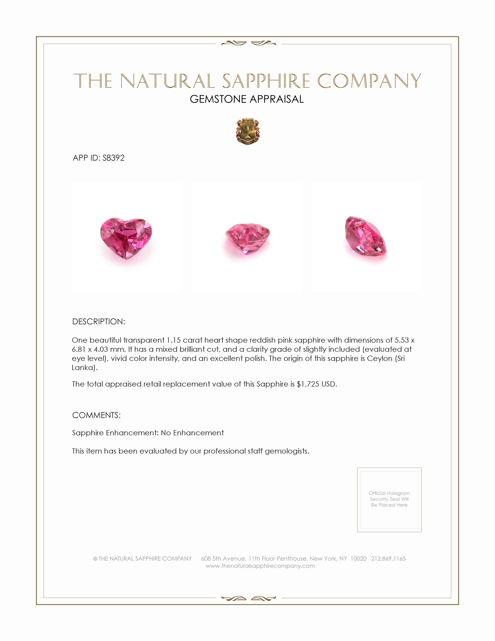 1.15 Ct. Reddish Pink Sapphire from Ceylon (Sri Lanka)