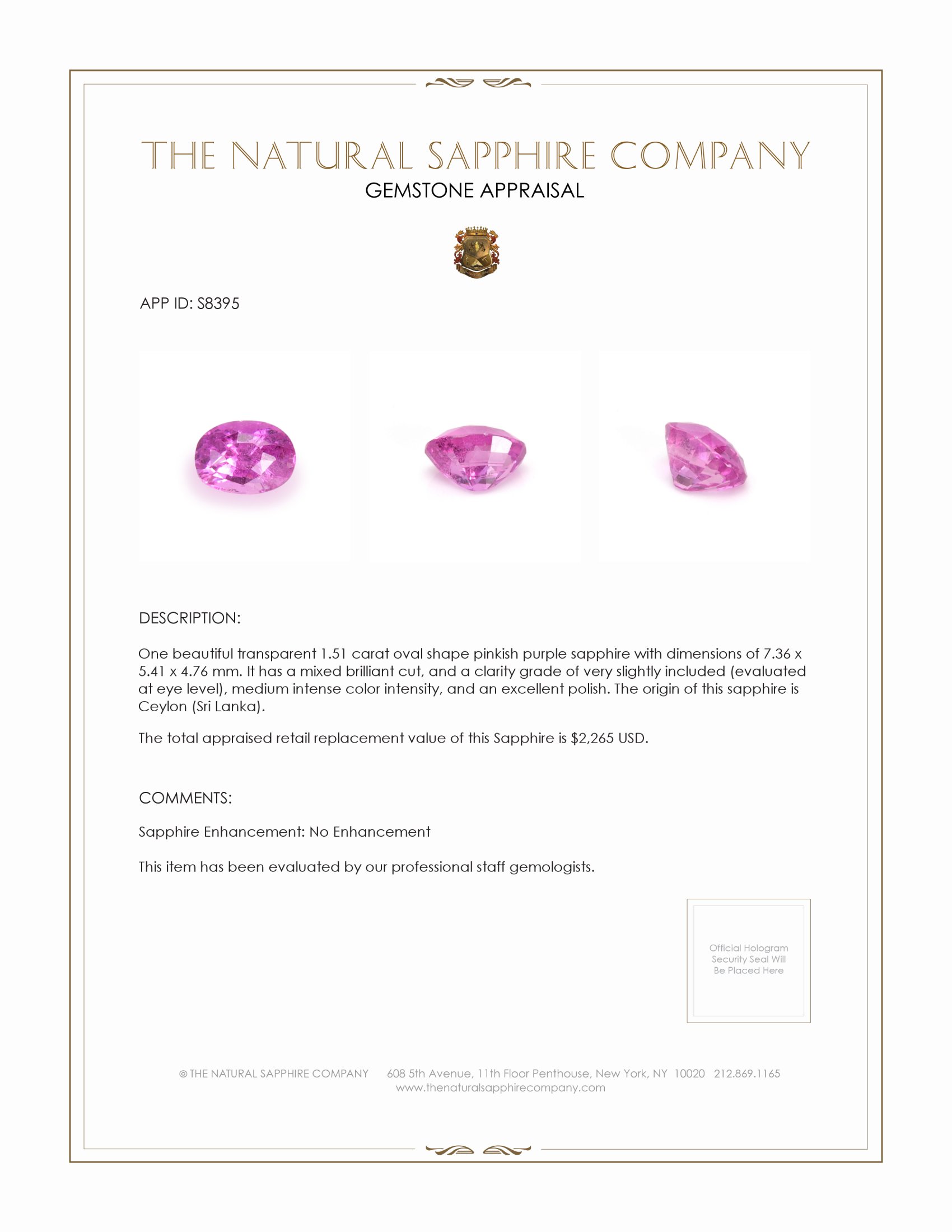 1.51 Ct. Pinkish Purple Sapphire from Ceylon (Sri Lanka)