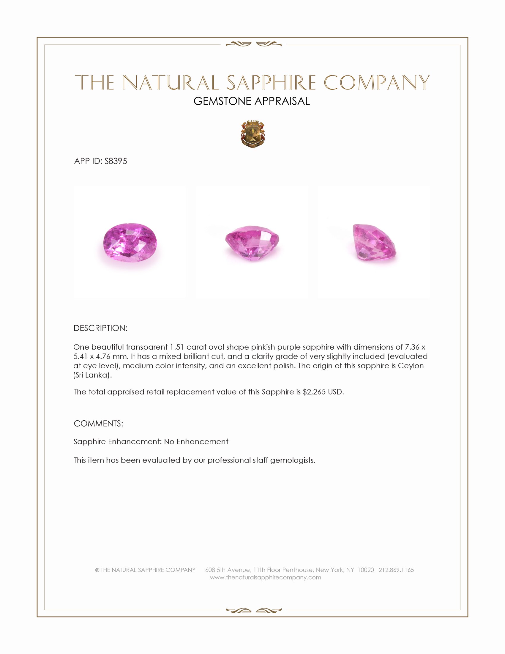 1.51 Ct. Pinkish Purple Sapphire from Ceylon (Sri Lanka)