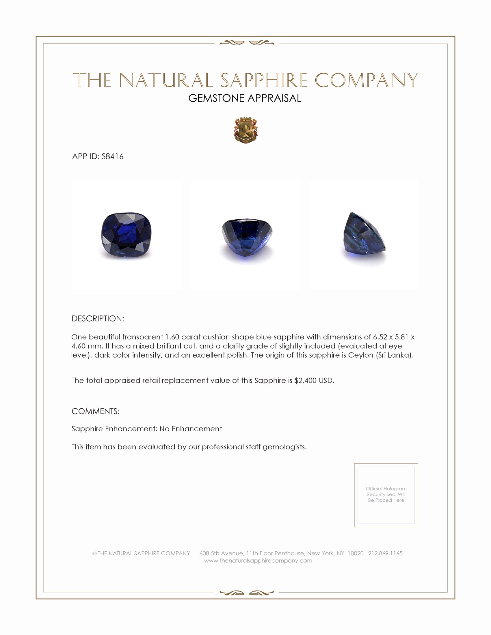 1.60 Ct. Blue Sapphire from Ceylon (Sri Lanka)