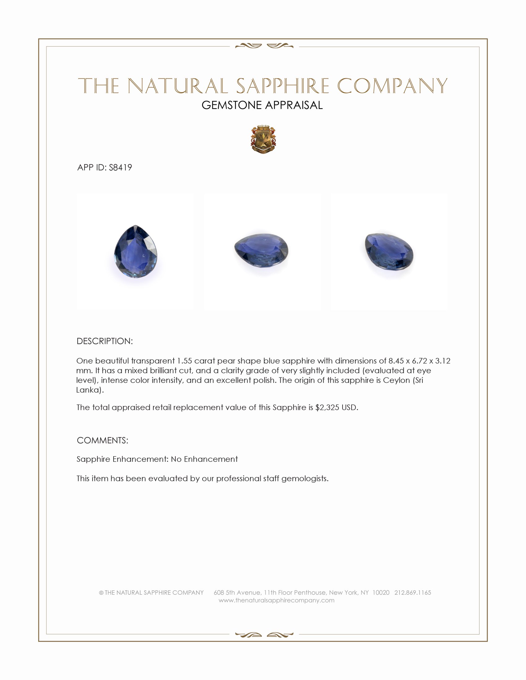 1.55 Ct. Blue Sapphire from Ceylon (Sri Lanka)
