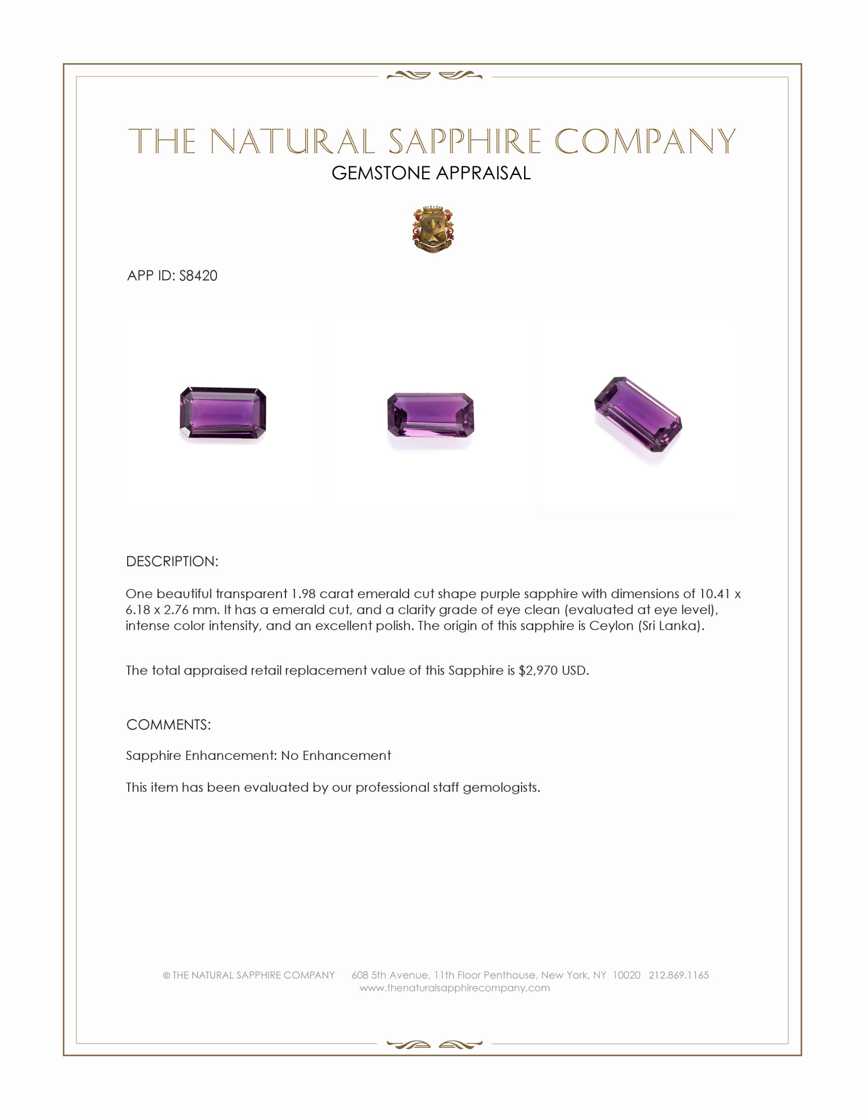 1.98 Ct. Purple Sapphire from Ceylon (Sri Lanka)