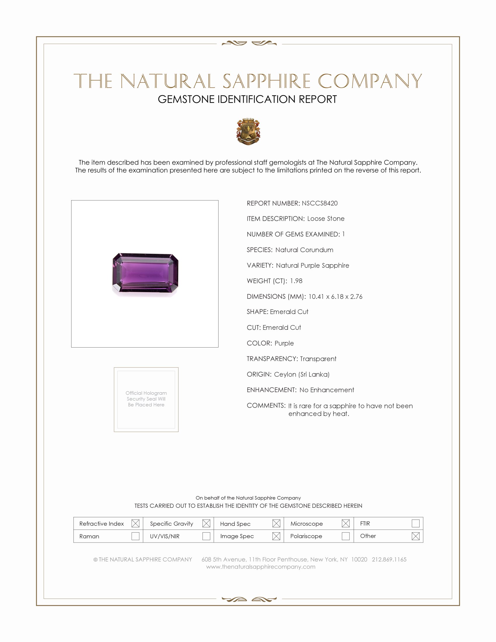 1.98 Ct. Purple Sapphire from Ceylon (Sri Lanka)