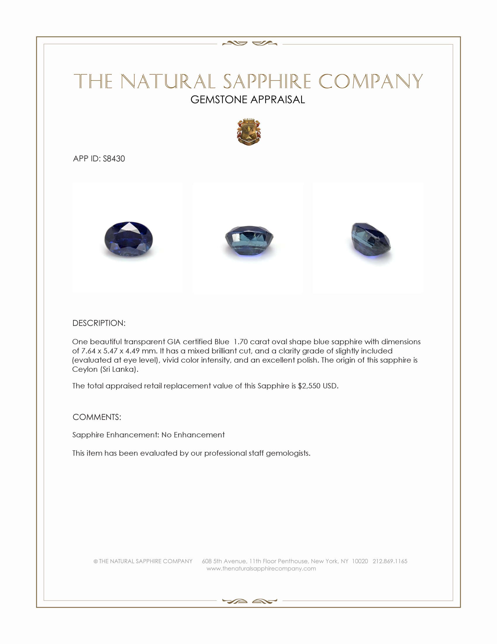 1.70 Ct. Blue Sapphire from Ceylon (Sri Lanka)