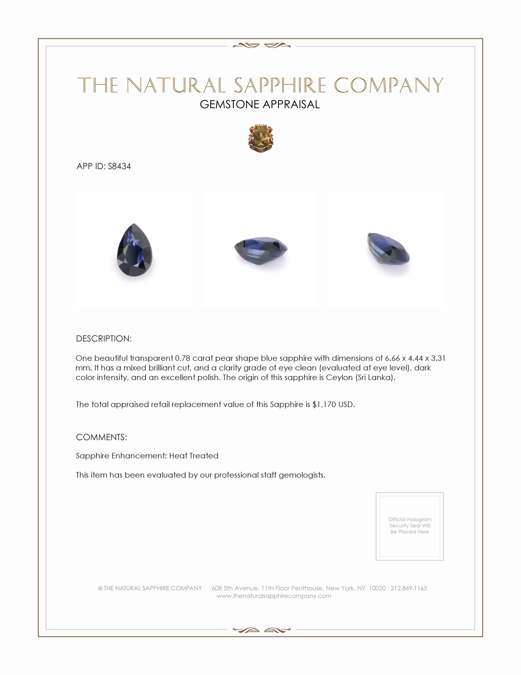 0.78 Ct. Blue Sapphire from Ceylon (Sri Lanka)