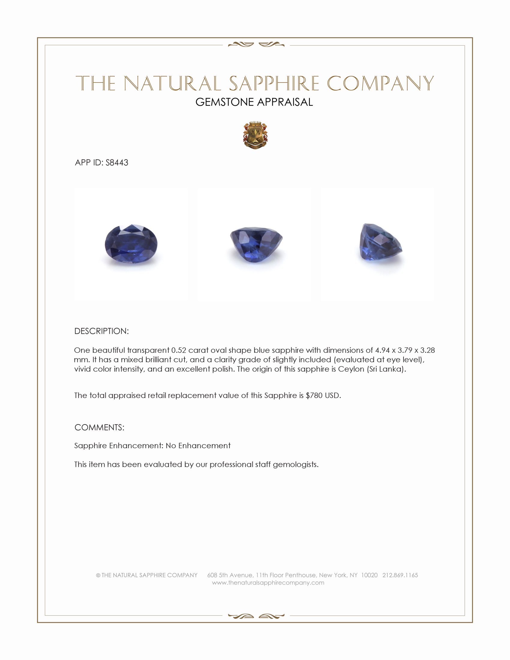 0.52 Ct. Blue Sapphire from Ceylon (Sri Lanka)