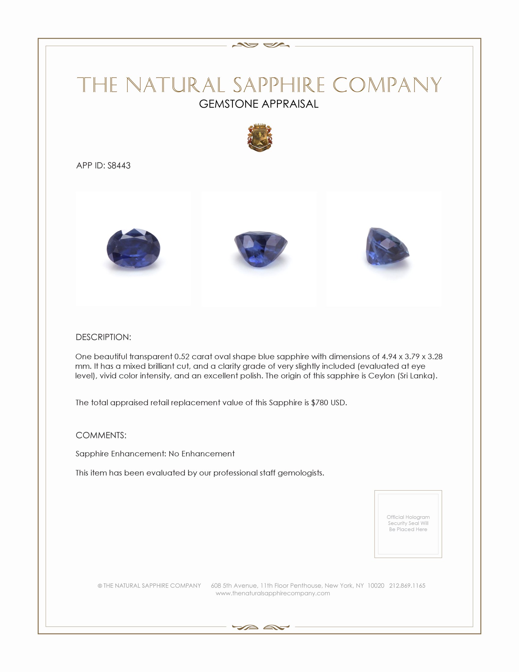 0.52 Ct. Blue Sapphire from Ceylon (Sri Lanka)