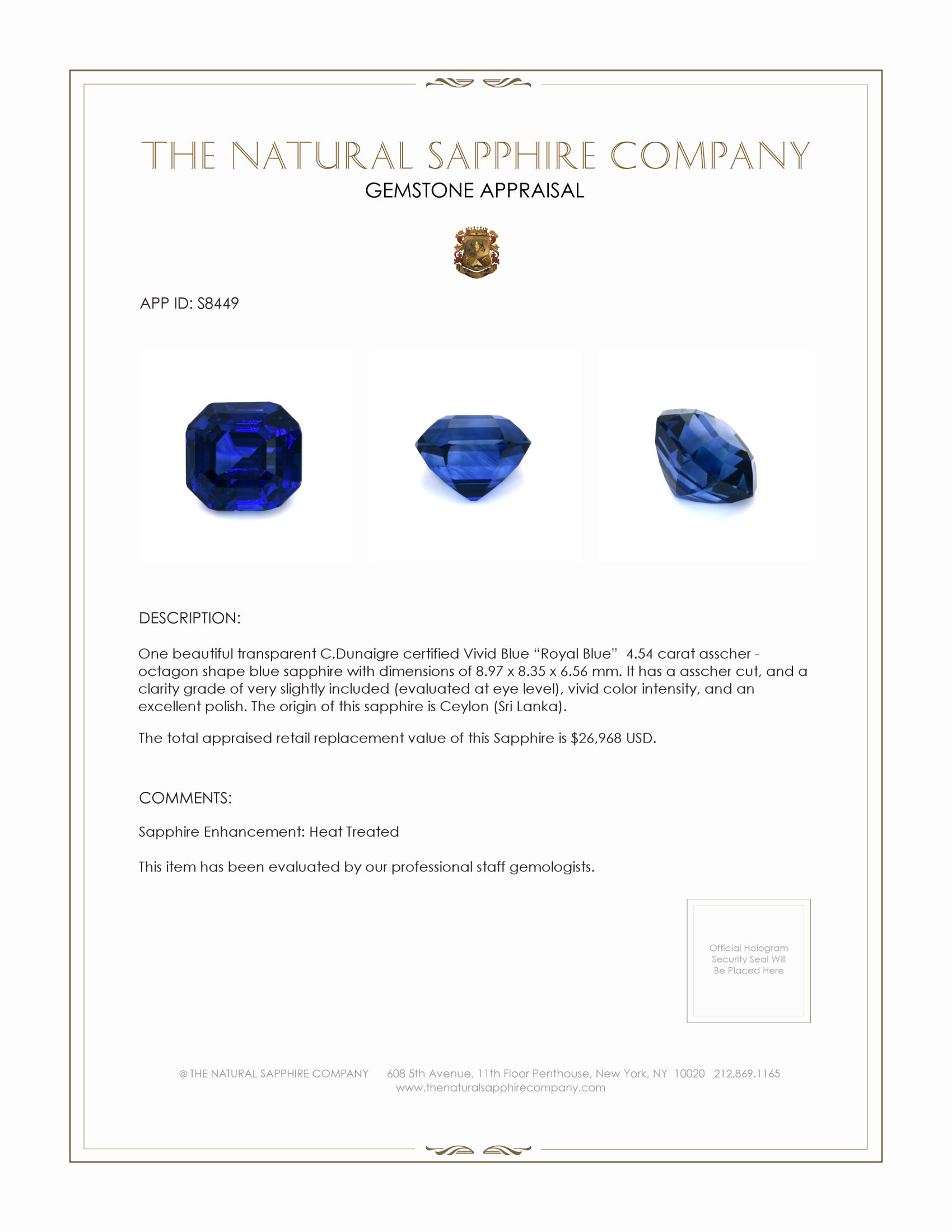 4.54 Ct. Blue Sapphire from Ceylon (Sri Lanka)
