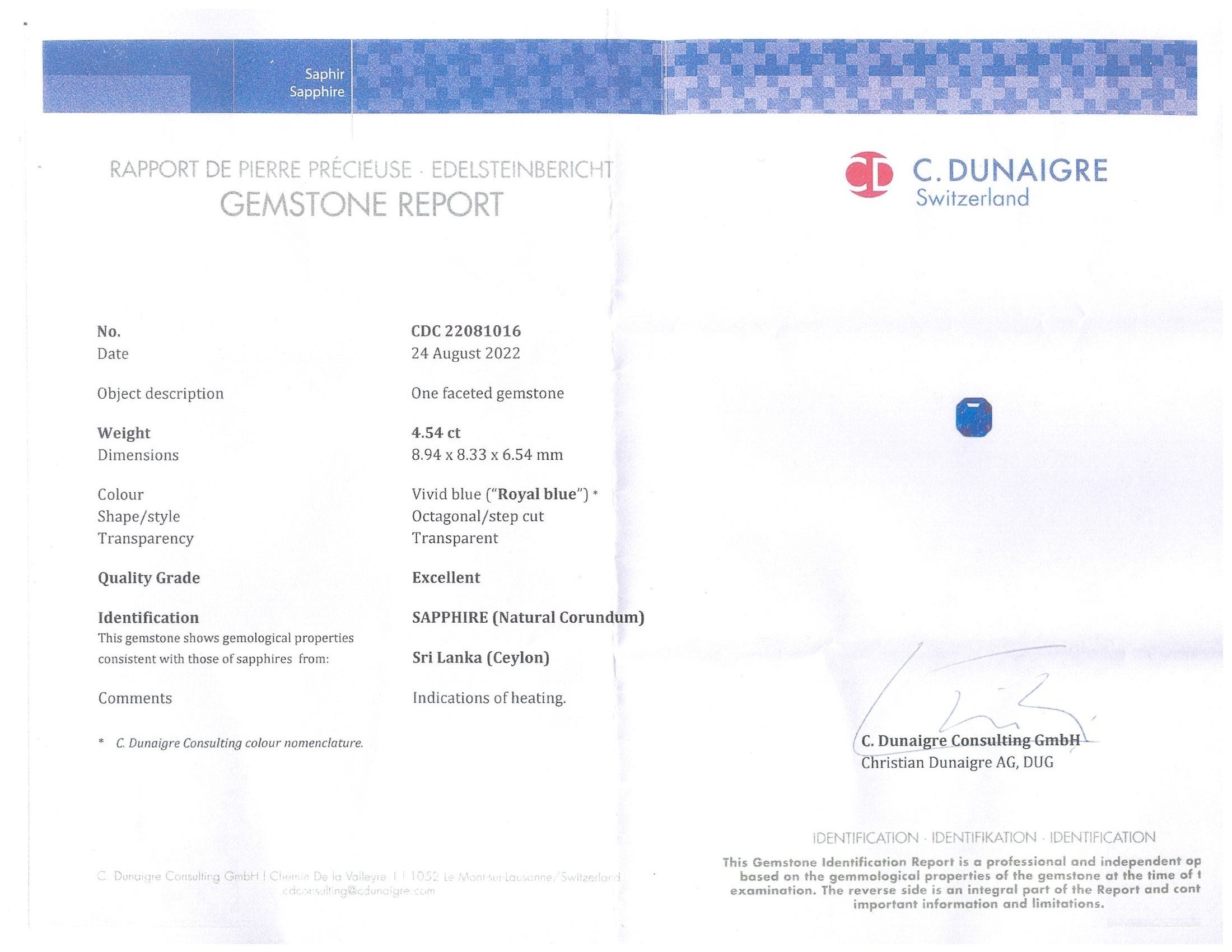 4.54 Ct. Blue Sapphire from Ceylon (Sri Lanka)