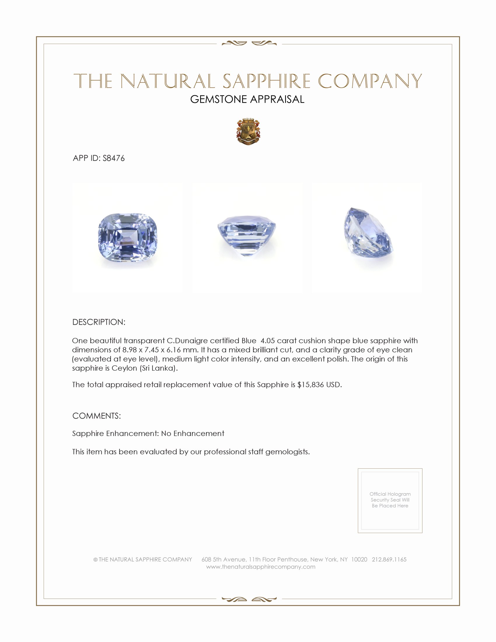 4.05 Ct. Blue Sapphire from Ceylon (Sri Lanka)