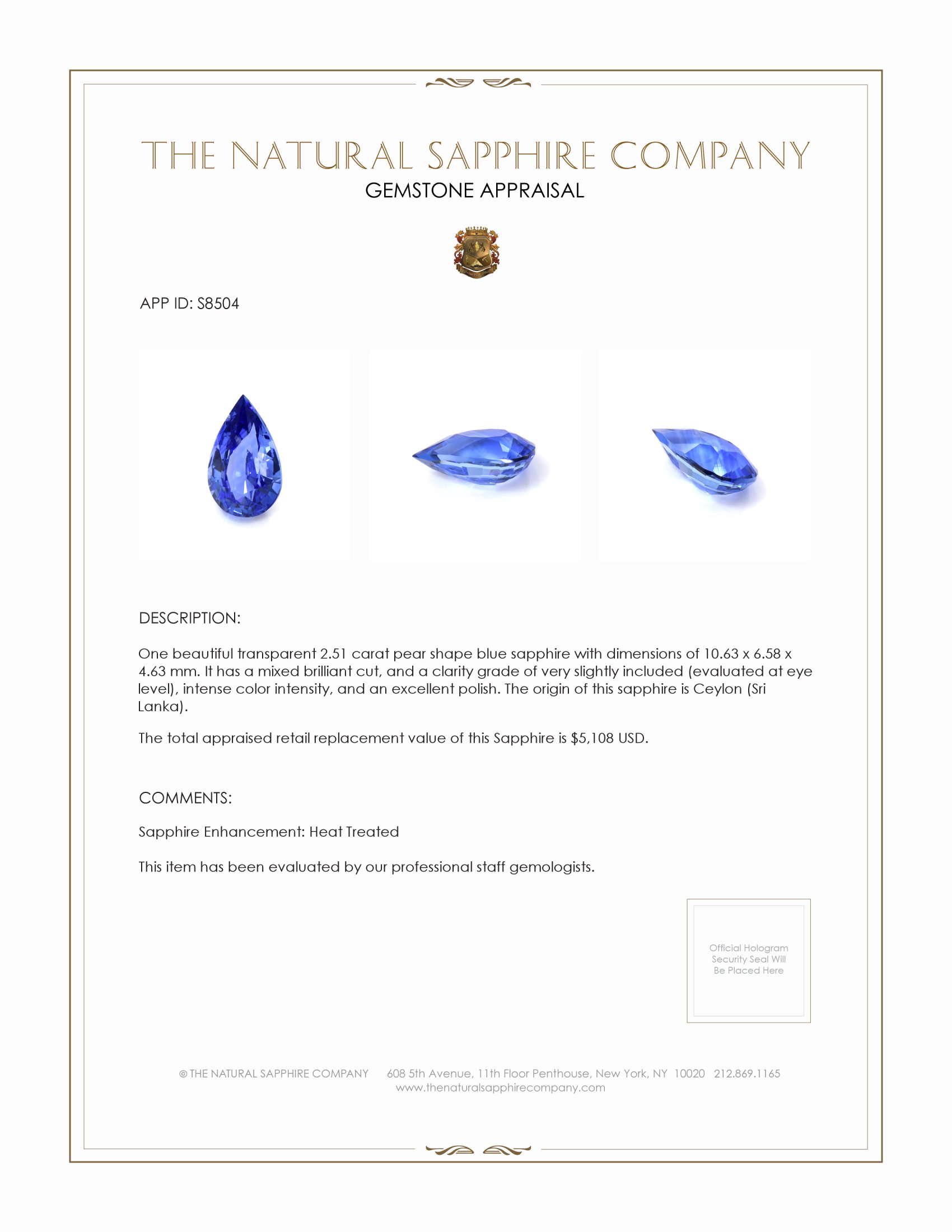 2.51 Ct. Blue Sapphire from Ceylon (Sri Lanka)
