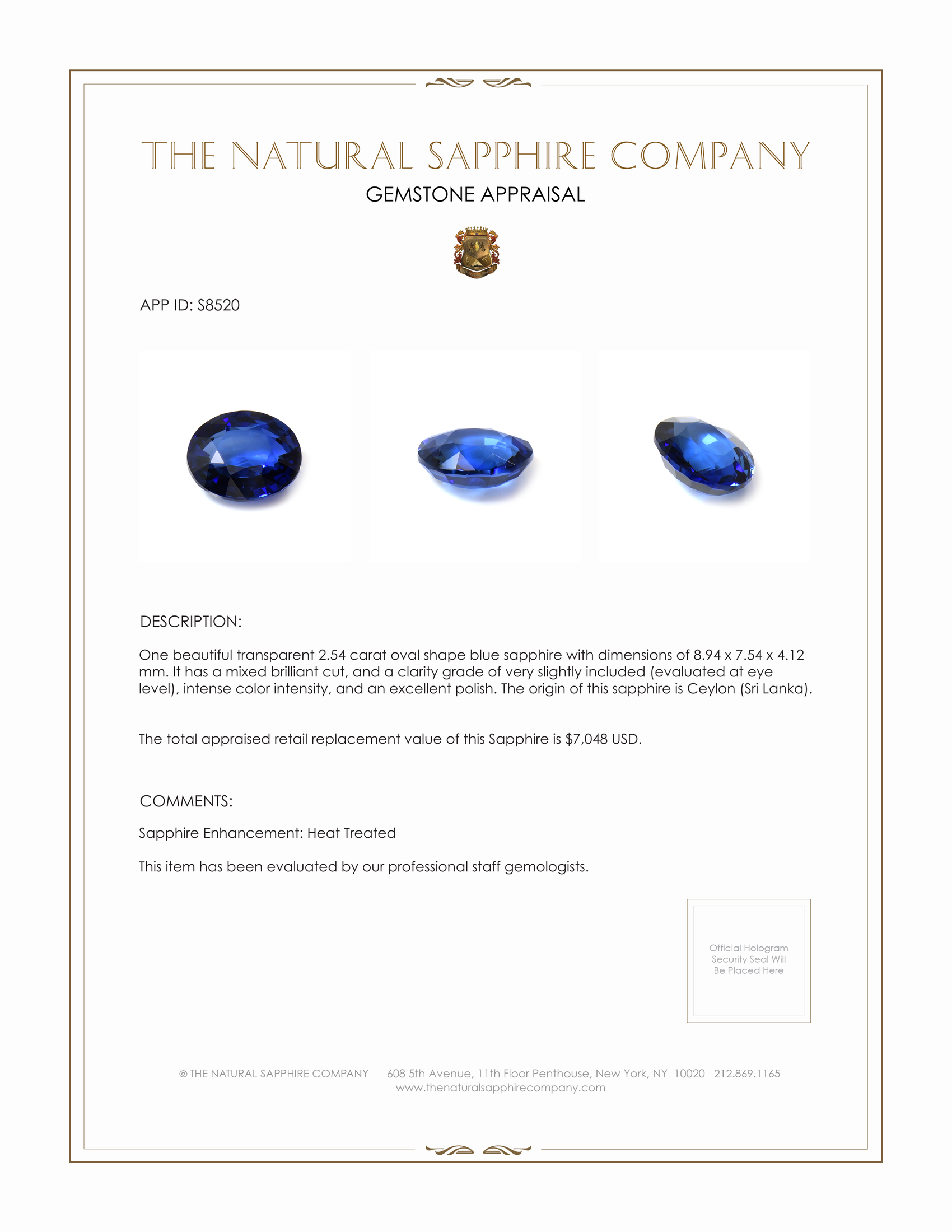 2.54 Ct. Blue Sapphire from Ceylon (Sri Lanka)