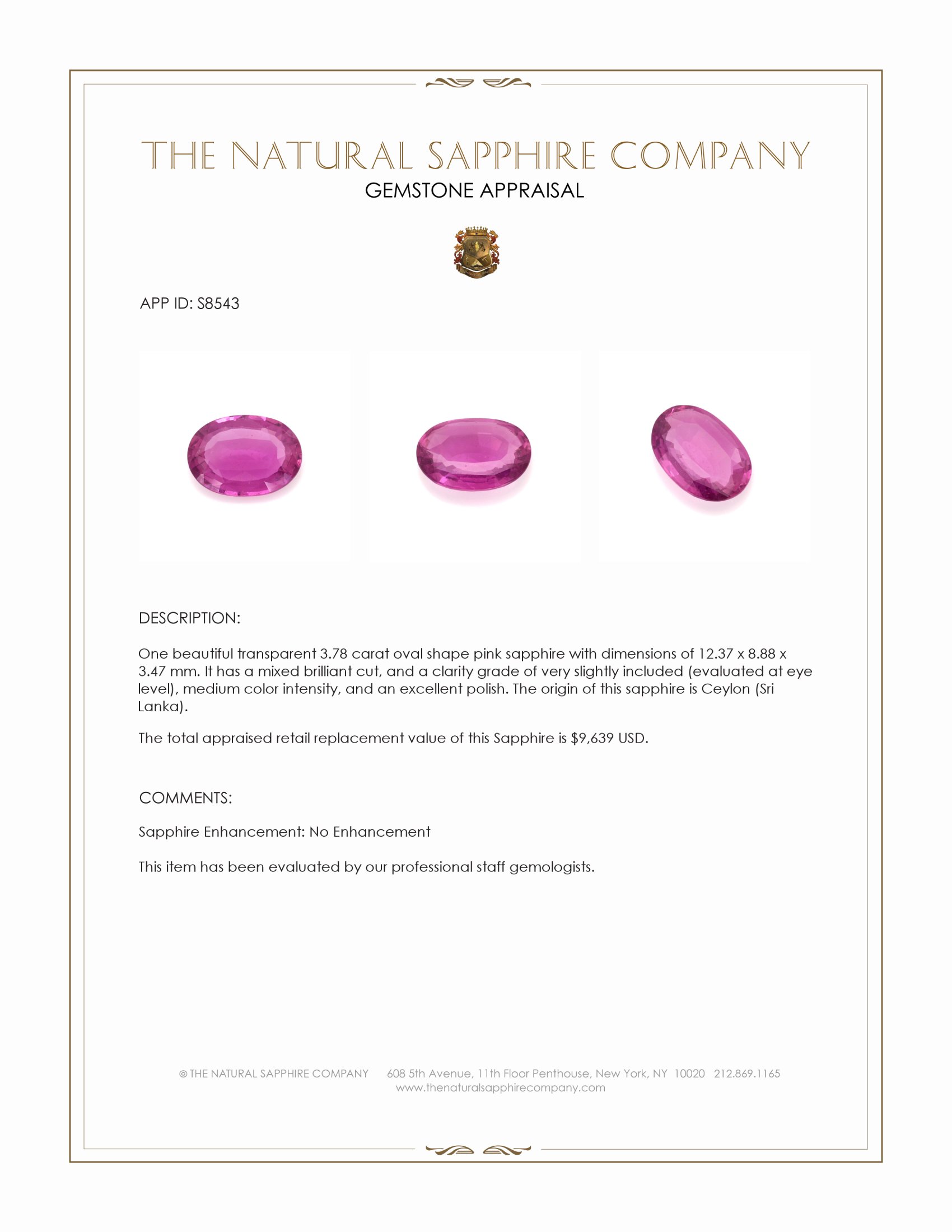 3.78 Ct. Pink Sapphire from Ceylon (Sri Lanka)