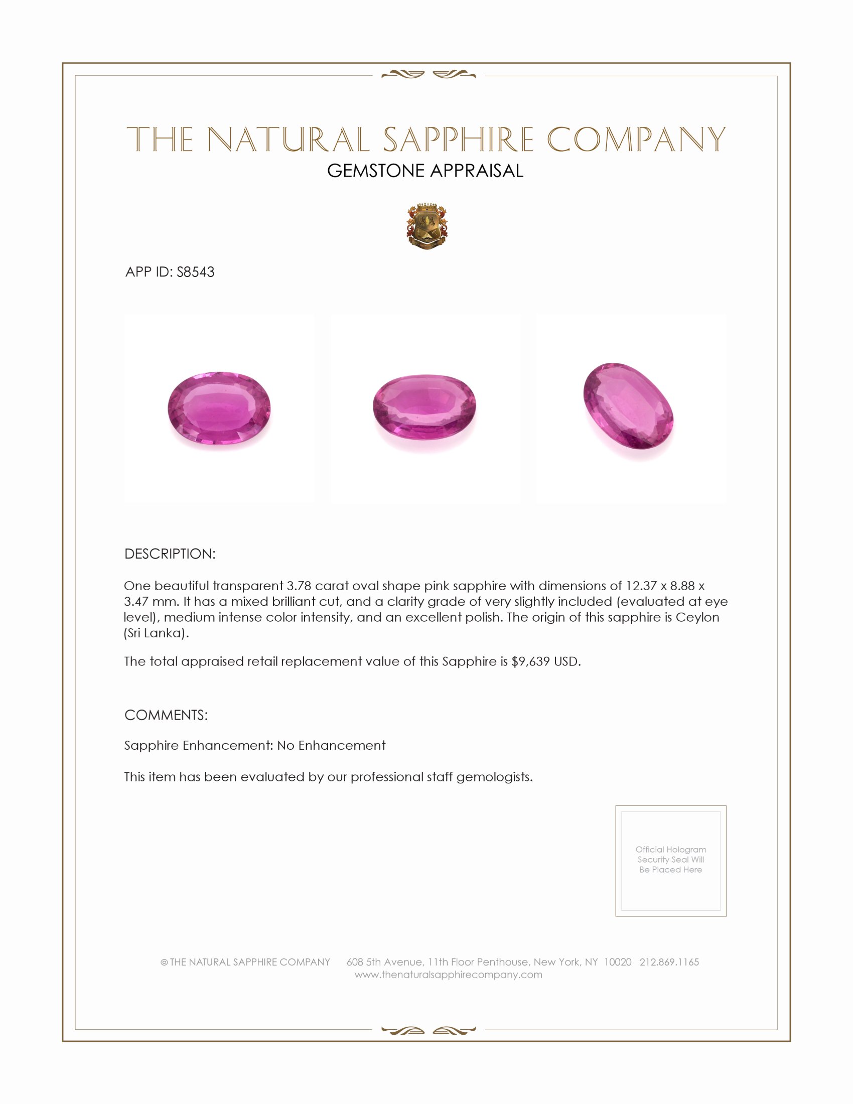 3.78 Ct. Pink Sapphire from Ceylon (Sri Lanka)