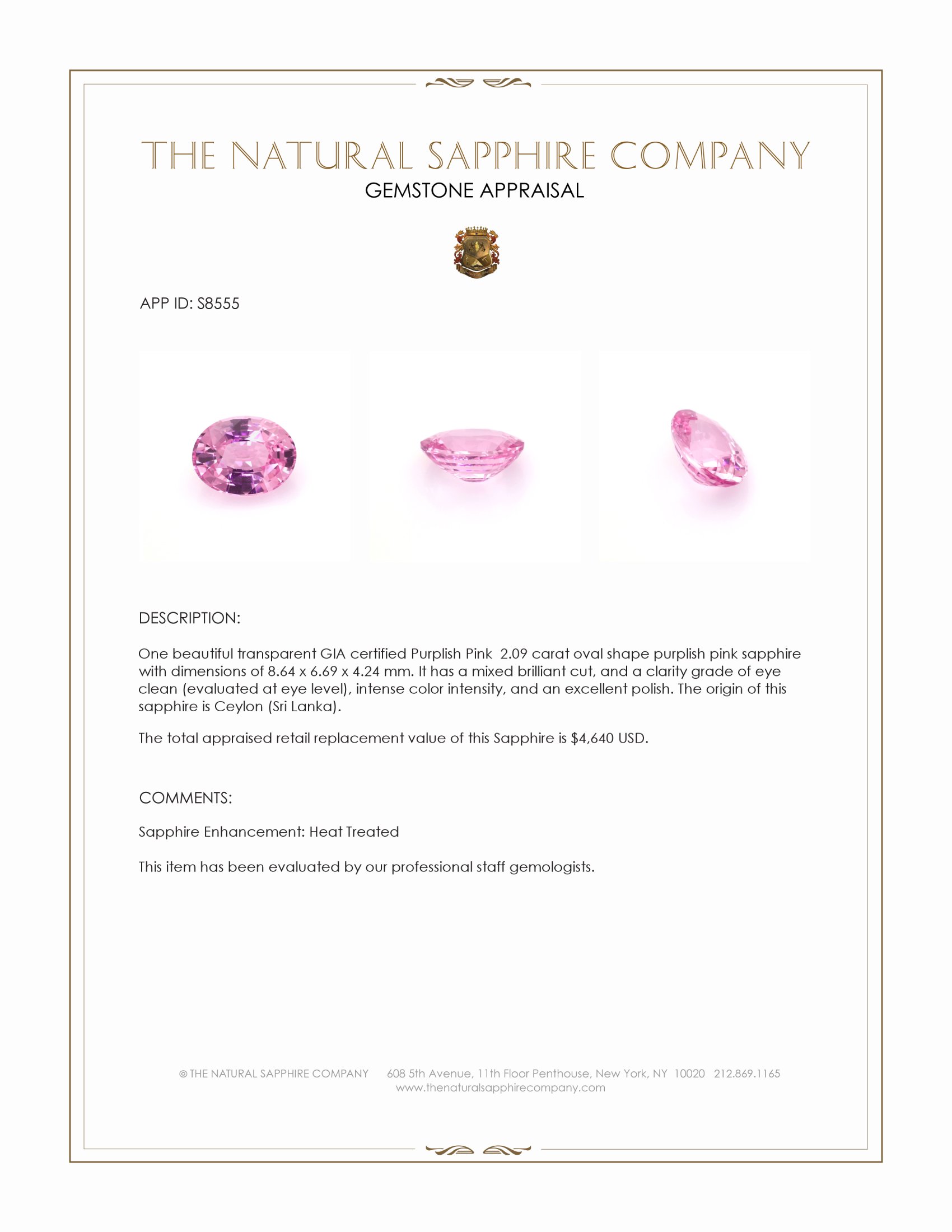 2.09 Ct. Purplish Pink Sapphire from Ceylon (Sri Lanka)