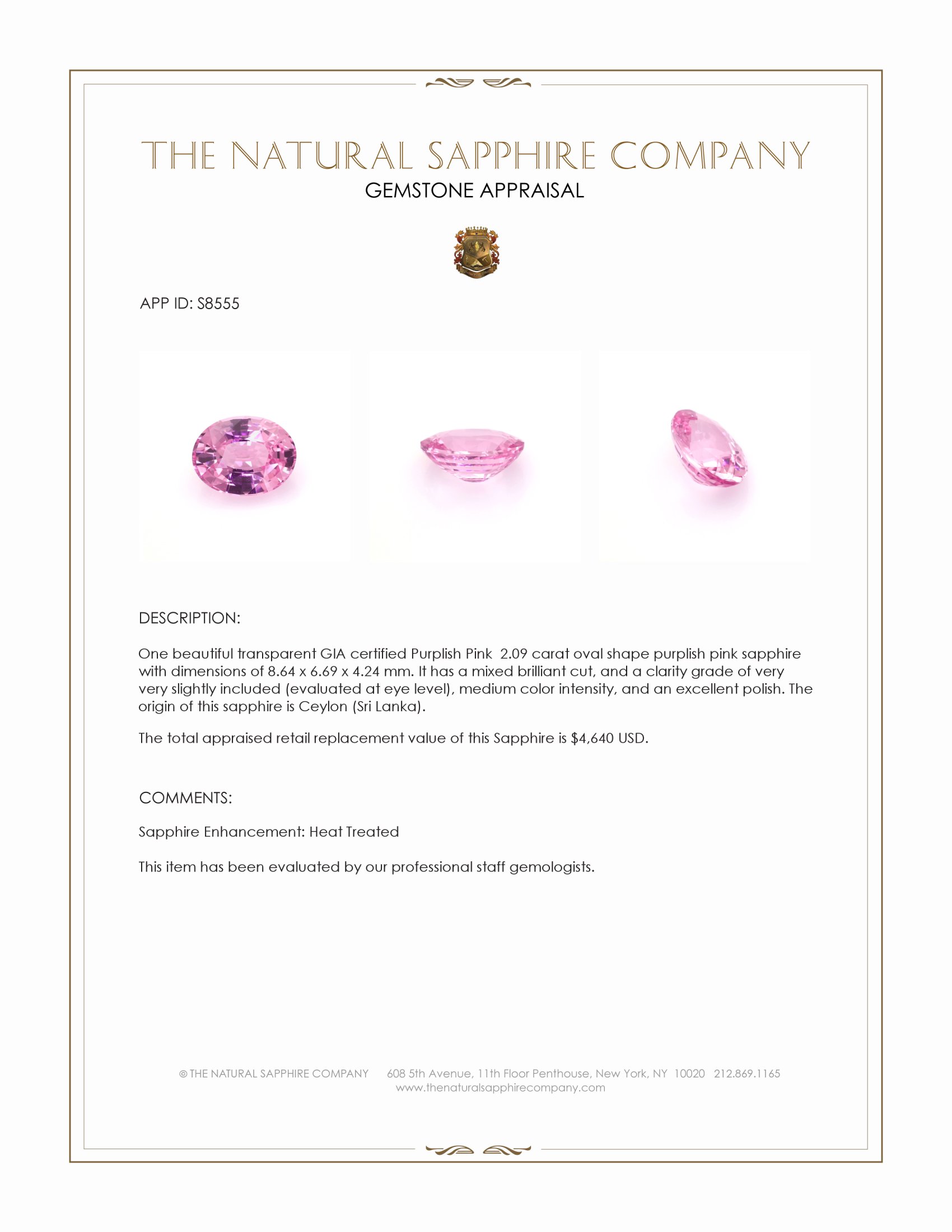 2.09 Ct. Purplish Pink Sapphire from Ceylon (Sri Lanka)