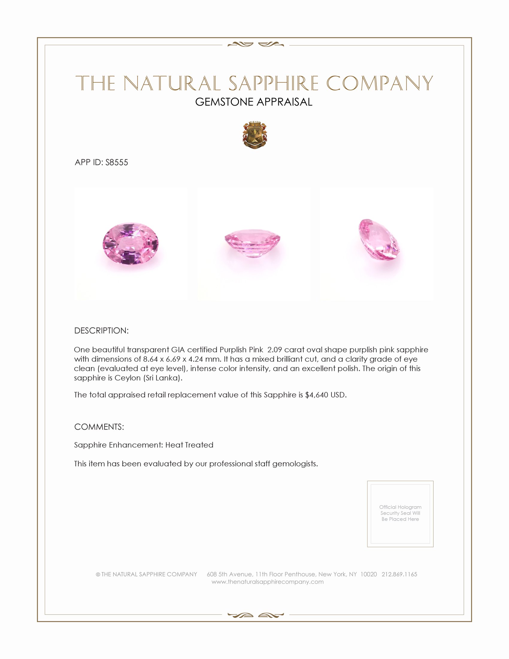 2.09 Ct. Purplish Pink Sapphire from Ceylon (Sri Lanka)