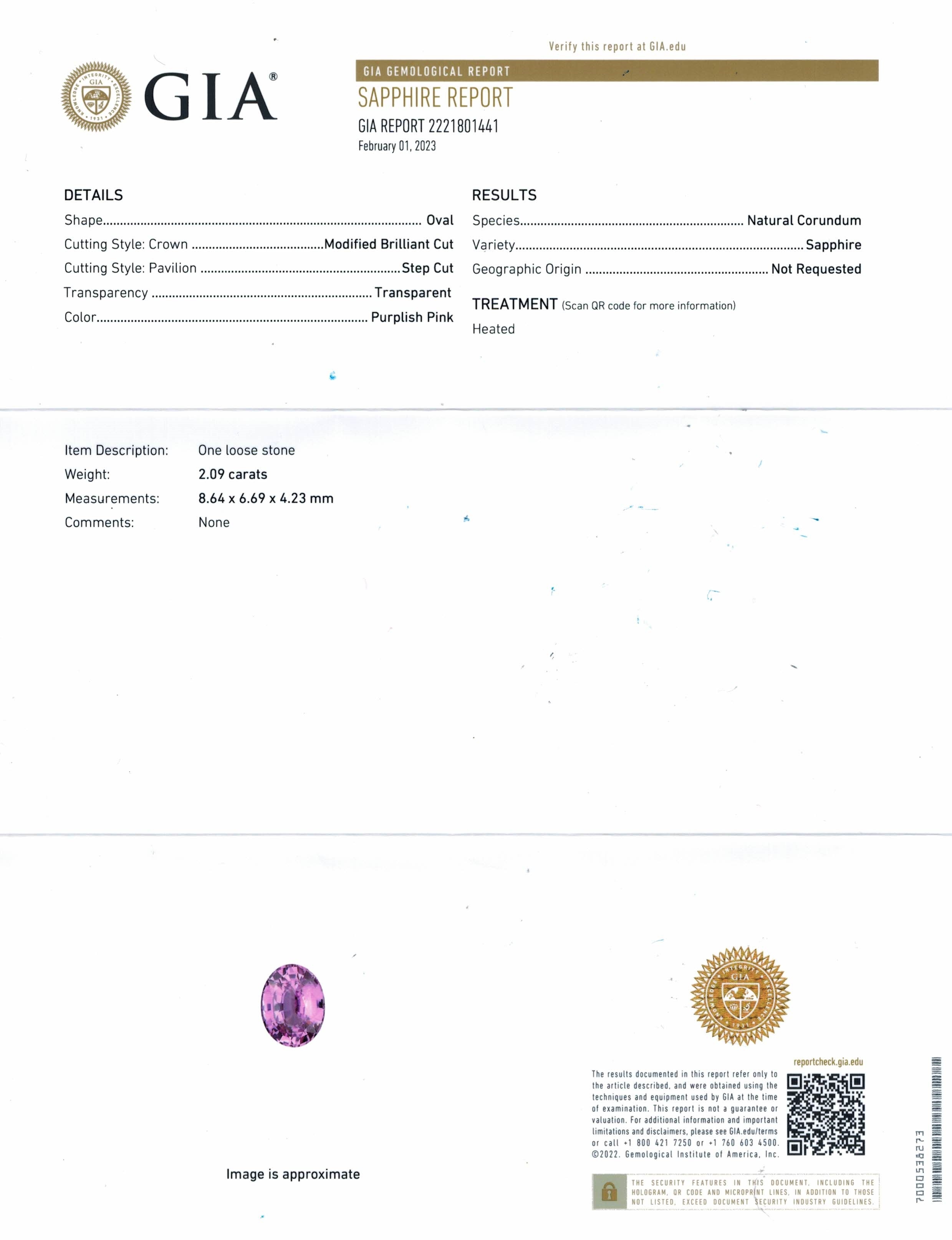 2.09 Ct. Purplish Pink Sapphire from Ceylon (Sri Lanka)