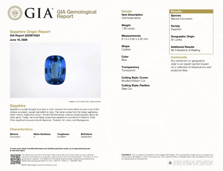 1.60 Ct. Blue Sapphire from Ceylon (Sri Lanka)