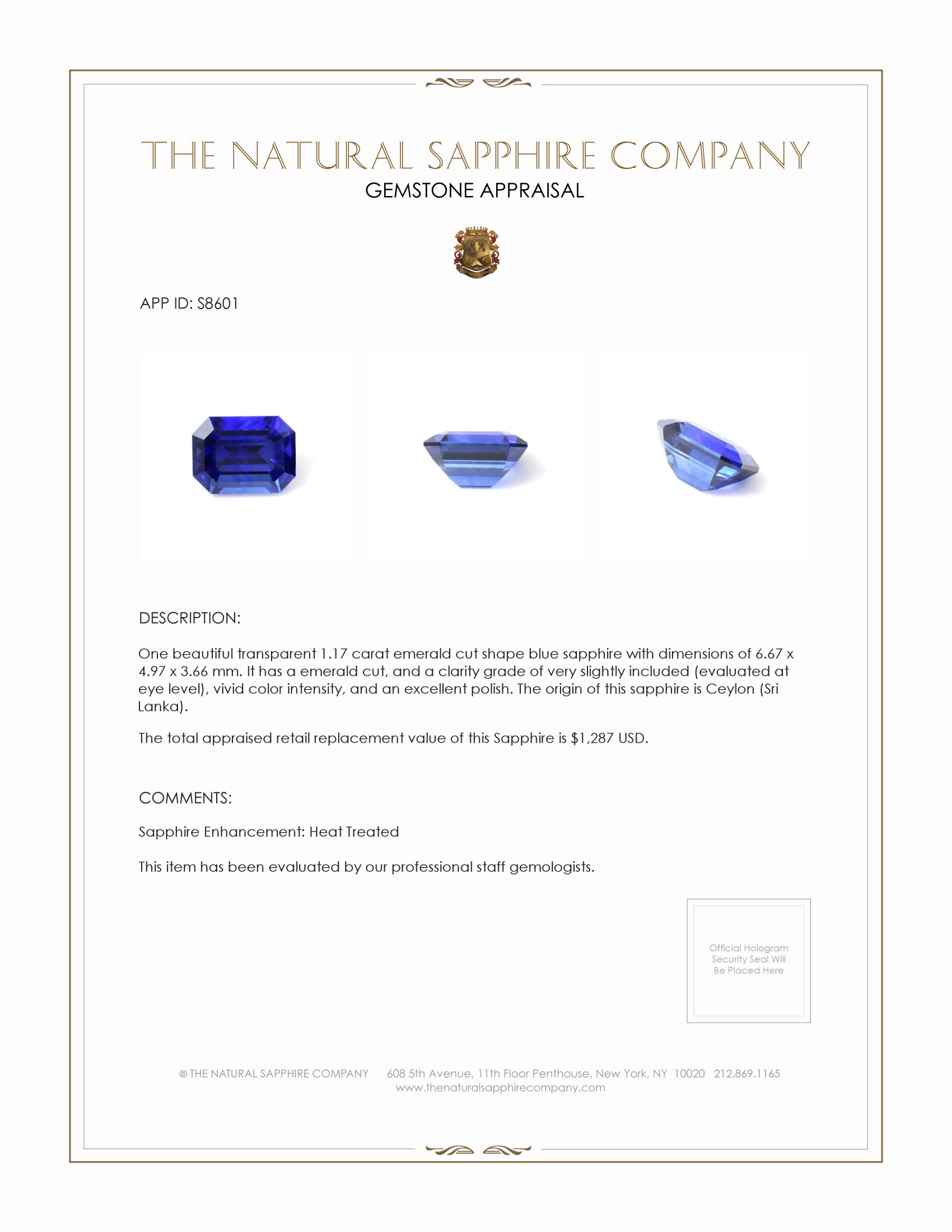 1.17 Ct. Blue Sapphire from Ceylon (Sri Lanka)