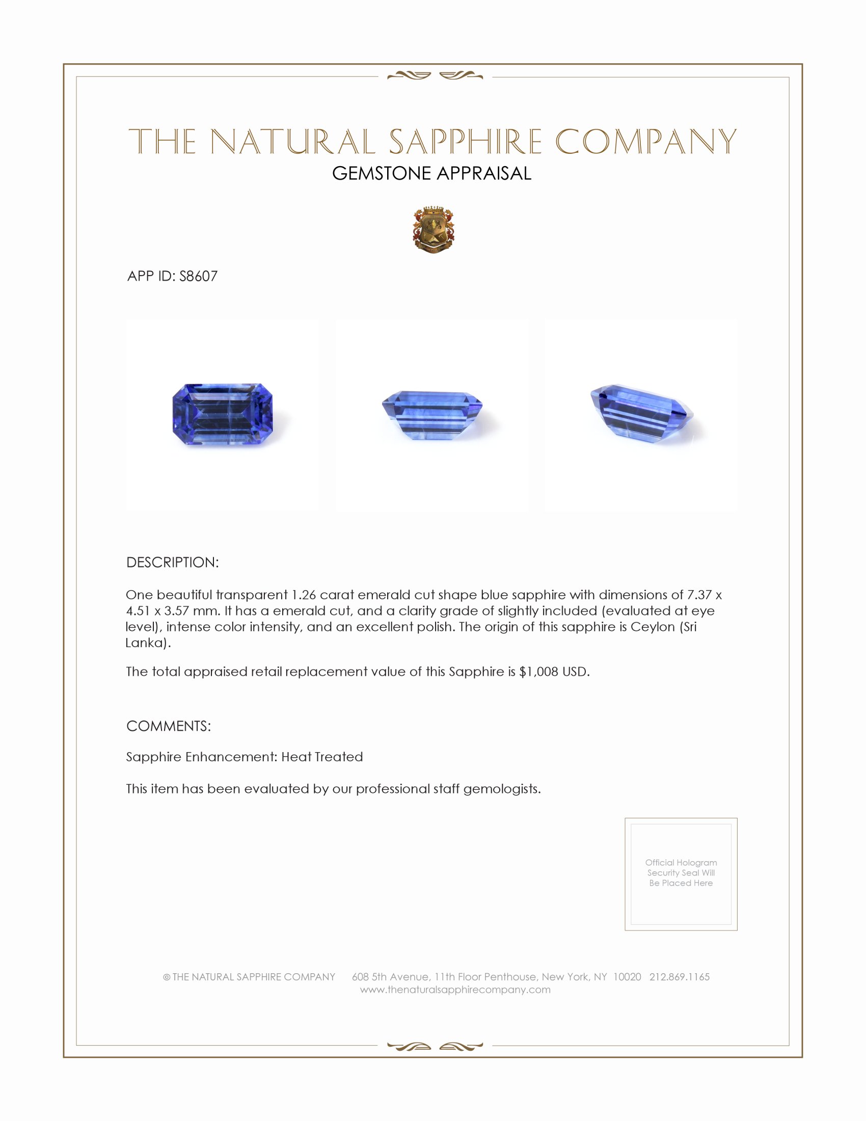 1.26 Ct. Blue Sapphire from Ceylon (Sri Lanka)