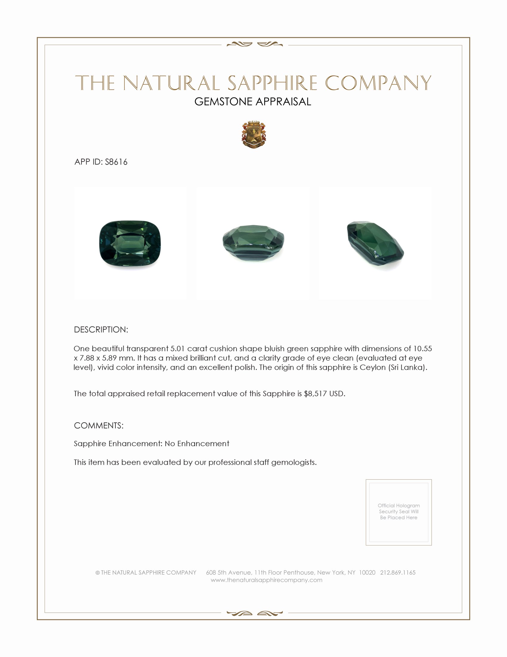 5.01 Ct. Bluish Green Sapphire from Ceylon (Sri Lanka)