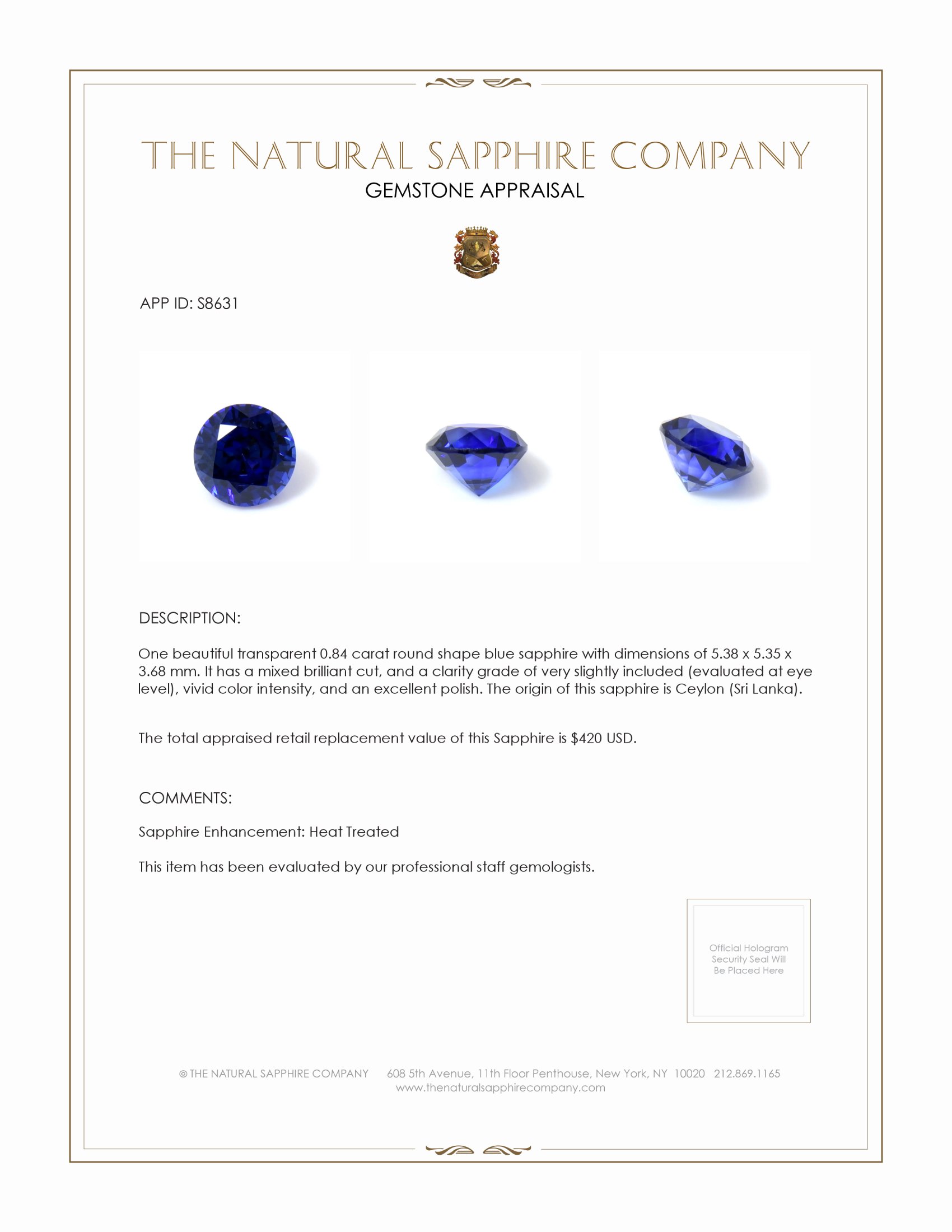 0.84 Ct. Blue Sapphire from Ceylon (Sri Lanka)