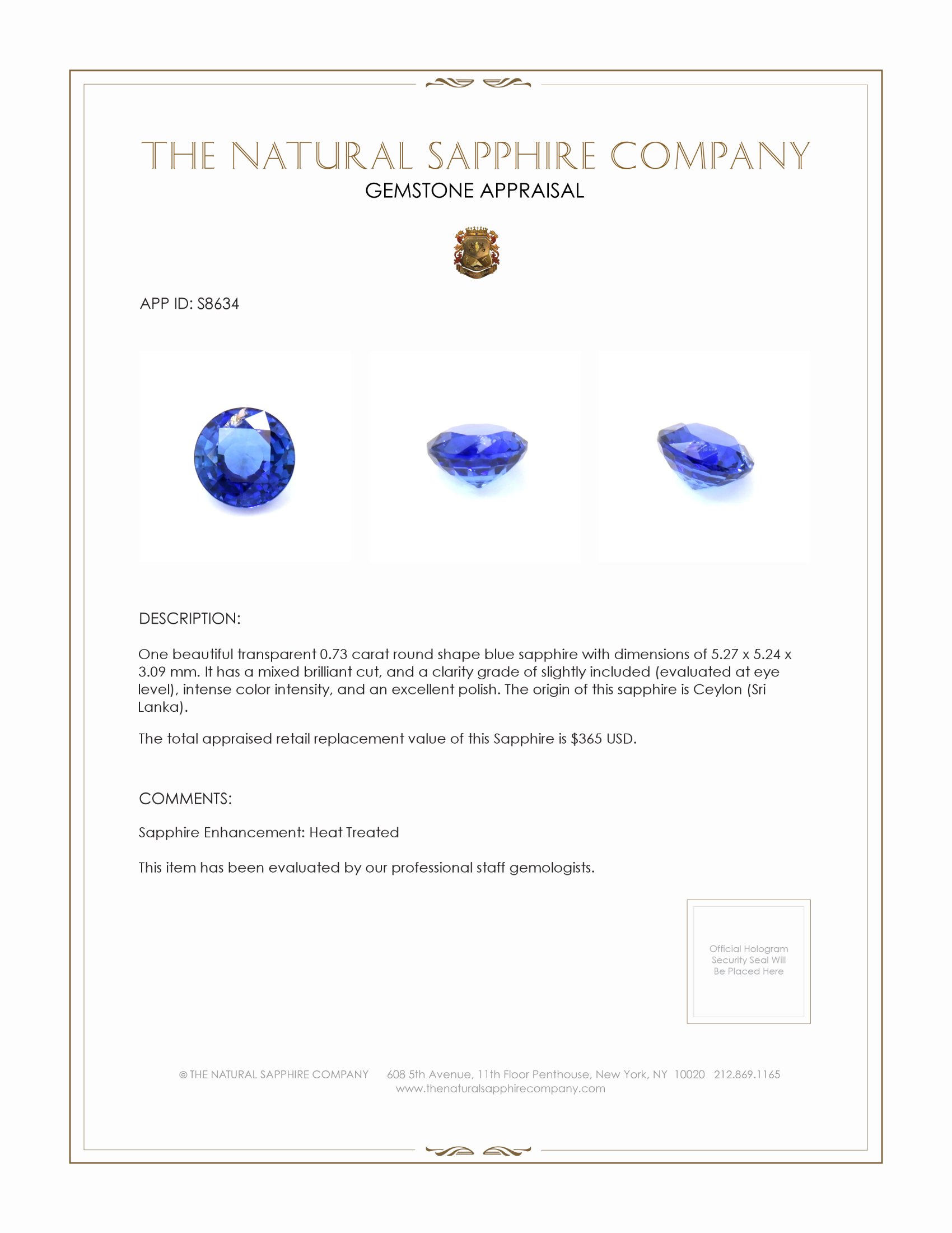 0.73 Ct. Blue Sapphire from Ceylon (Sri Lanka)
