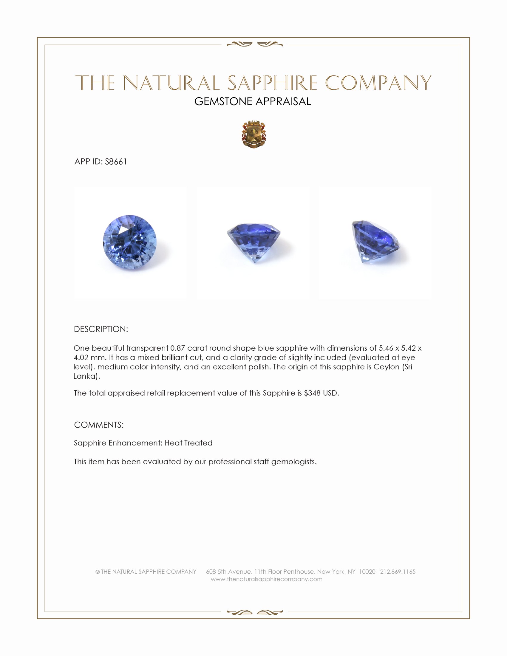 0.87 Ct. Blue Sapphire from Ceylon (Sri Lanka)