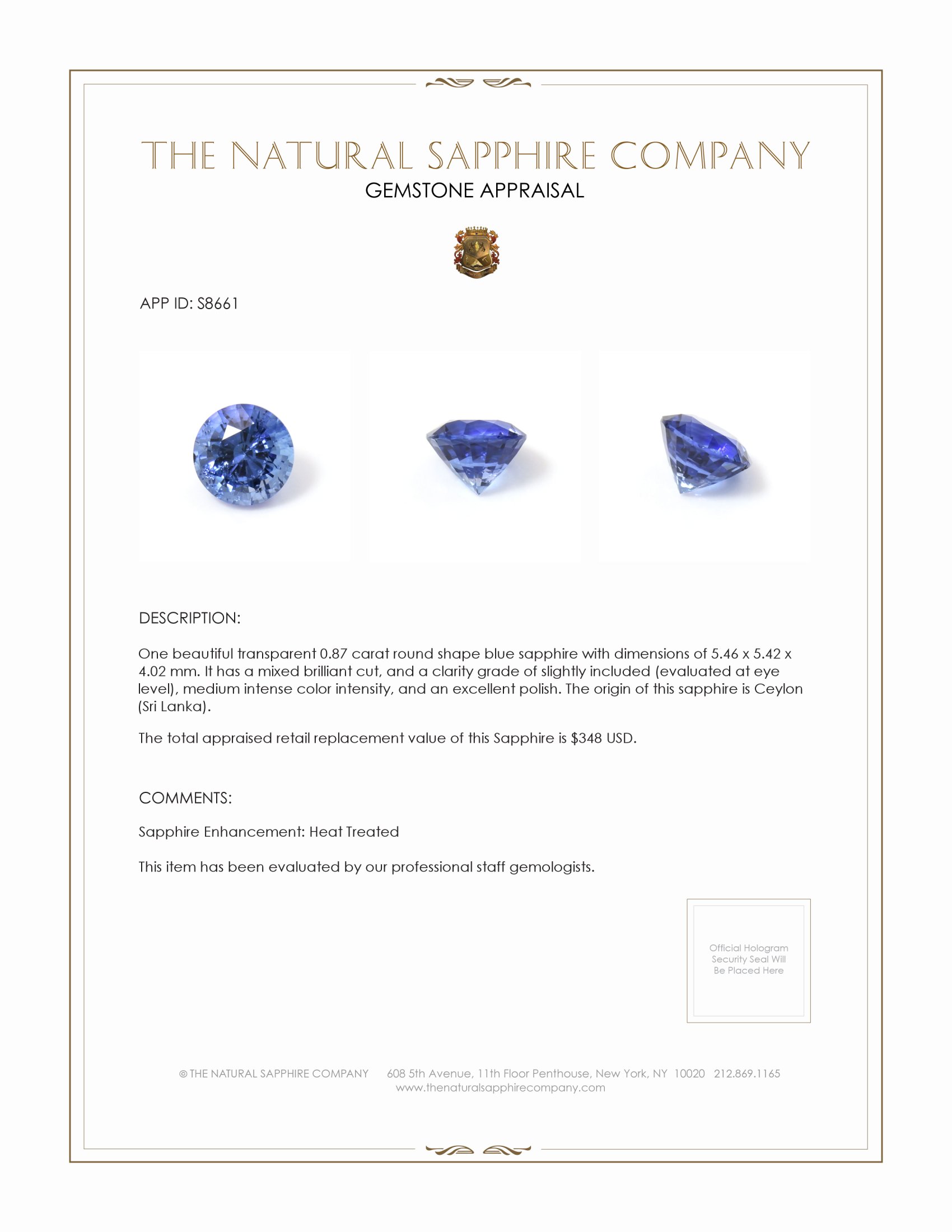 0.87 Ct. Blue Sapphire from Ceylon (Sri Lanka)