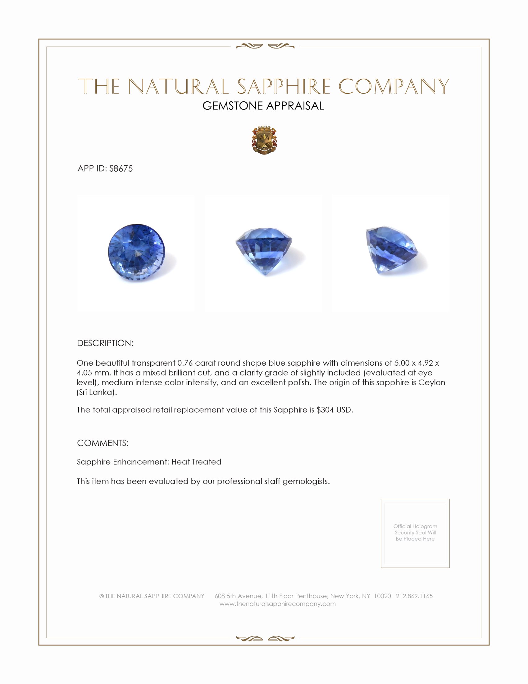 0.76 Ct. Blue Sapphire from Ceylon (Sri Lanka)