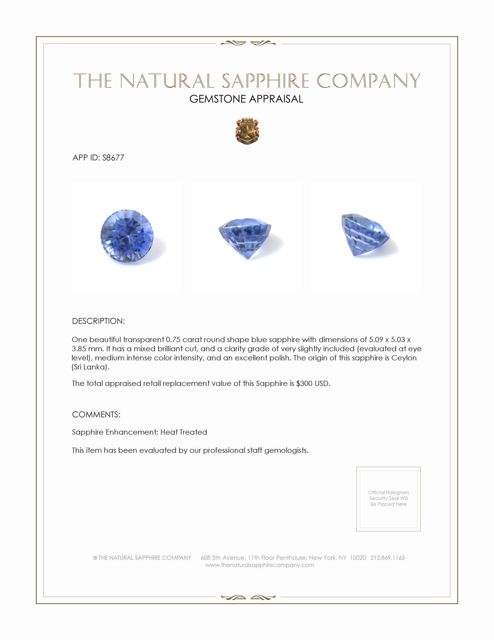 0.75 Ct. Blue Sapphire from Ceylon (Sri Lanka)