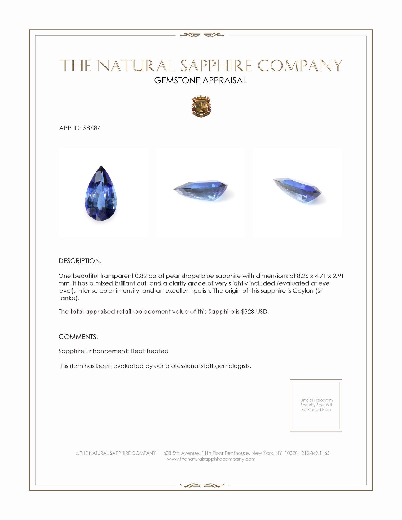 0.82 Ct. Blue Sapphire from Ceylon (Sri Lanka)