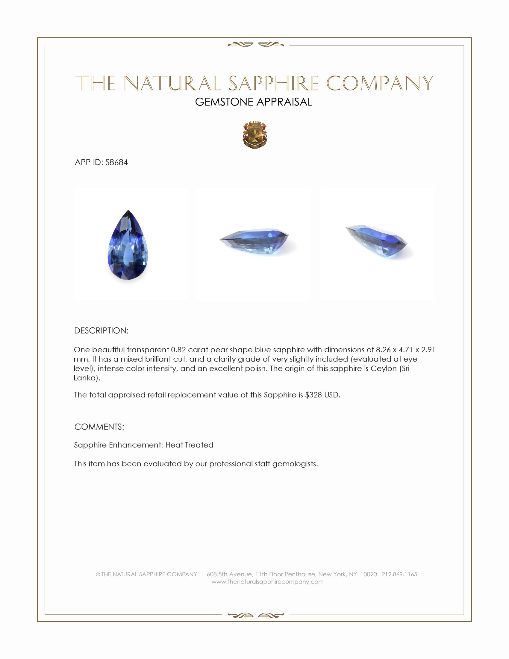 0.82 Ct. Blue Sapphire from Ceylon (Sri Lanka)