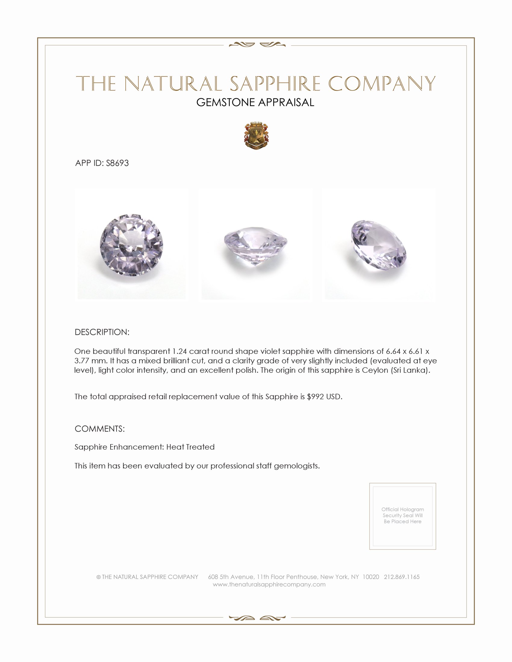 1.24 Ct. Violet Sapphire from Ceylon (Sri Lanka)