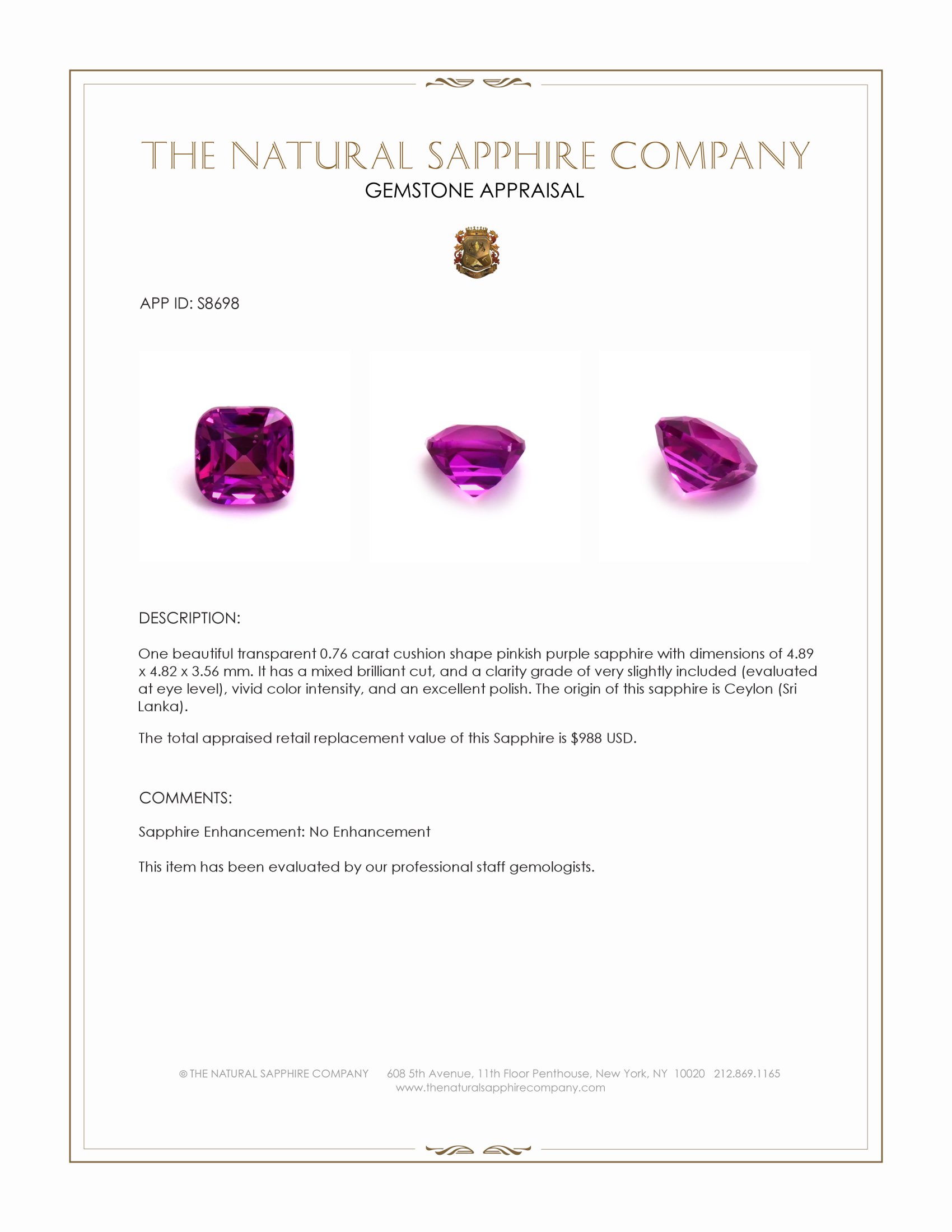 0.76 Ct. Pinkish Purple Sapphire from Ceylon (Sri Lanka)