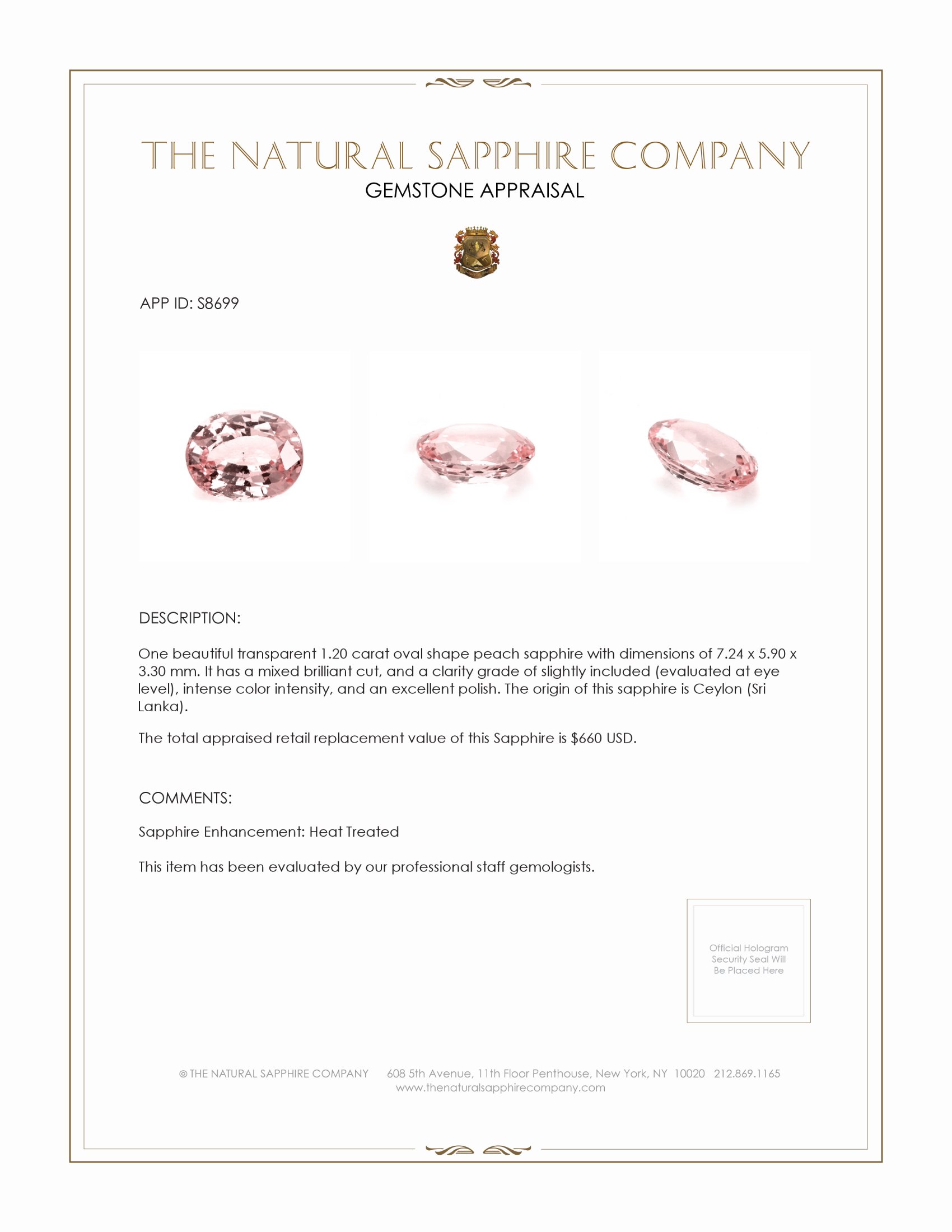 1.20 Ct. Peach Sapphire from Ceylon (Sri Lanka)