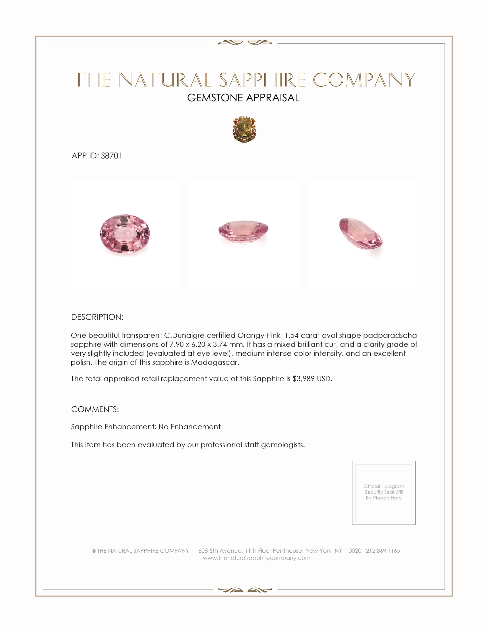 1.54 Ct. Padparadscha Sapphire from Madagascar