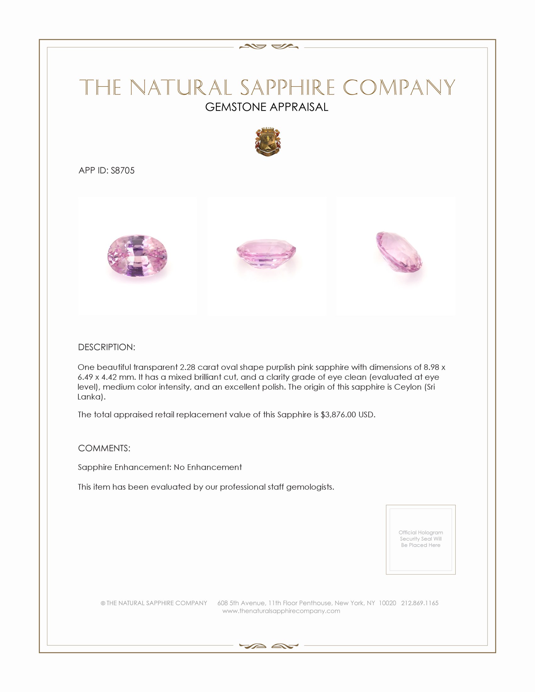 2.28 Ct. Purplish Pink Sapphire from Ceylon (Sri Lanka)