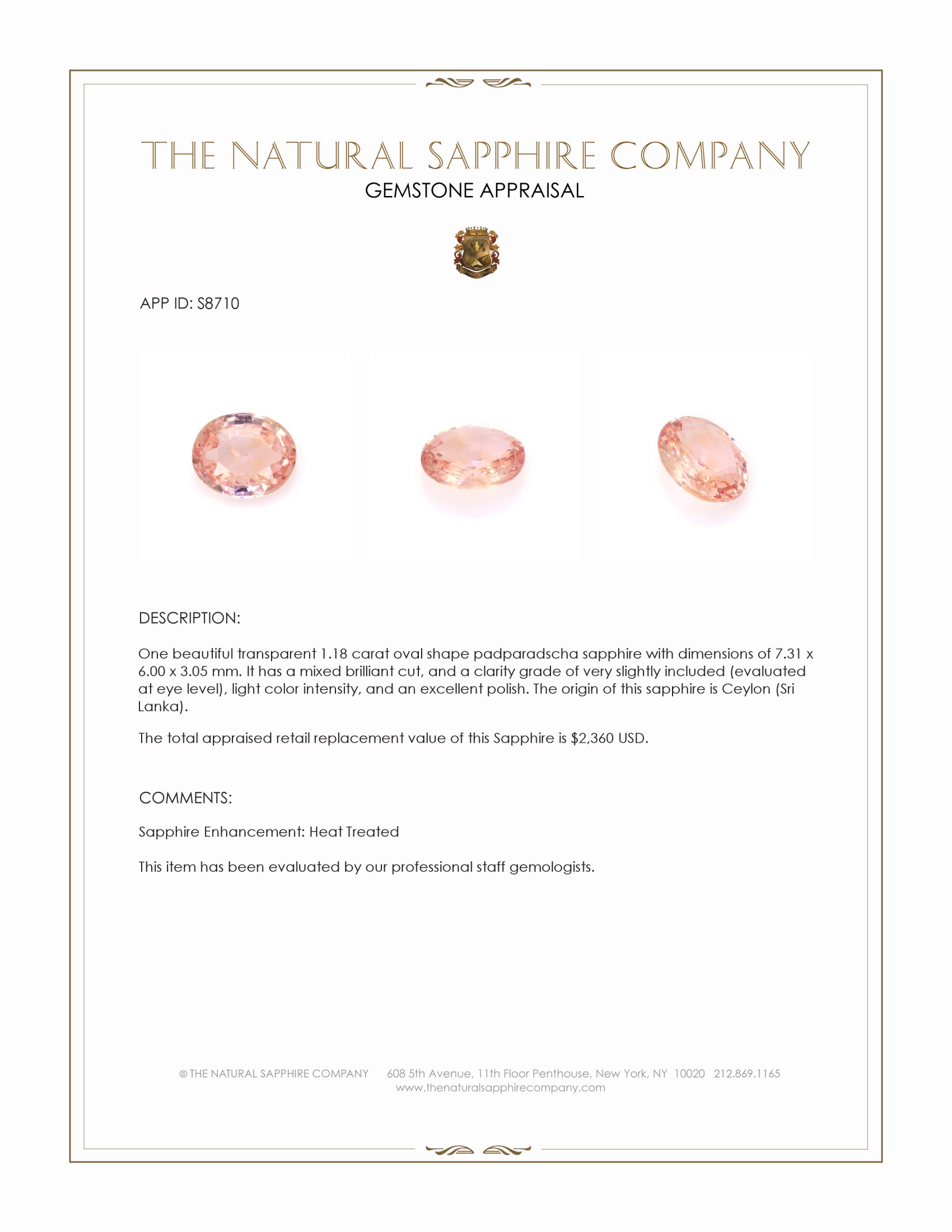 1.18 Ct. Padparadscha Sapphire from Ceylon (Sri Lanka)