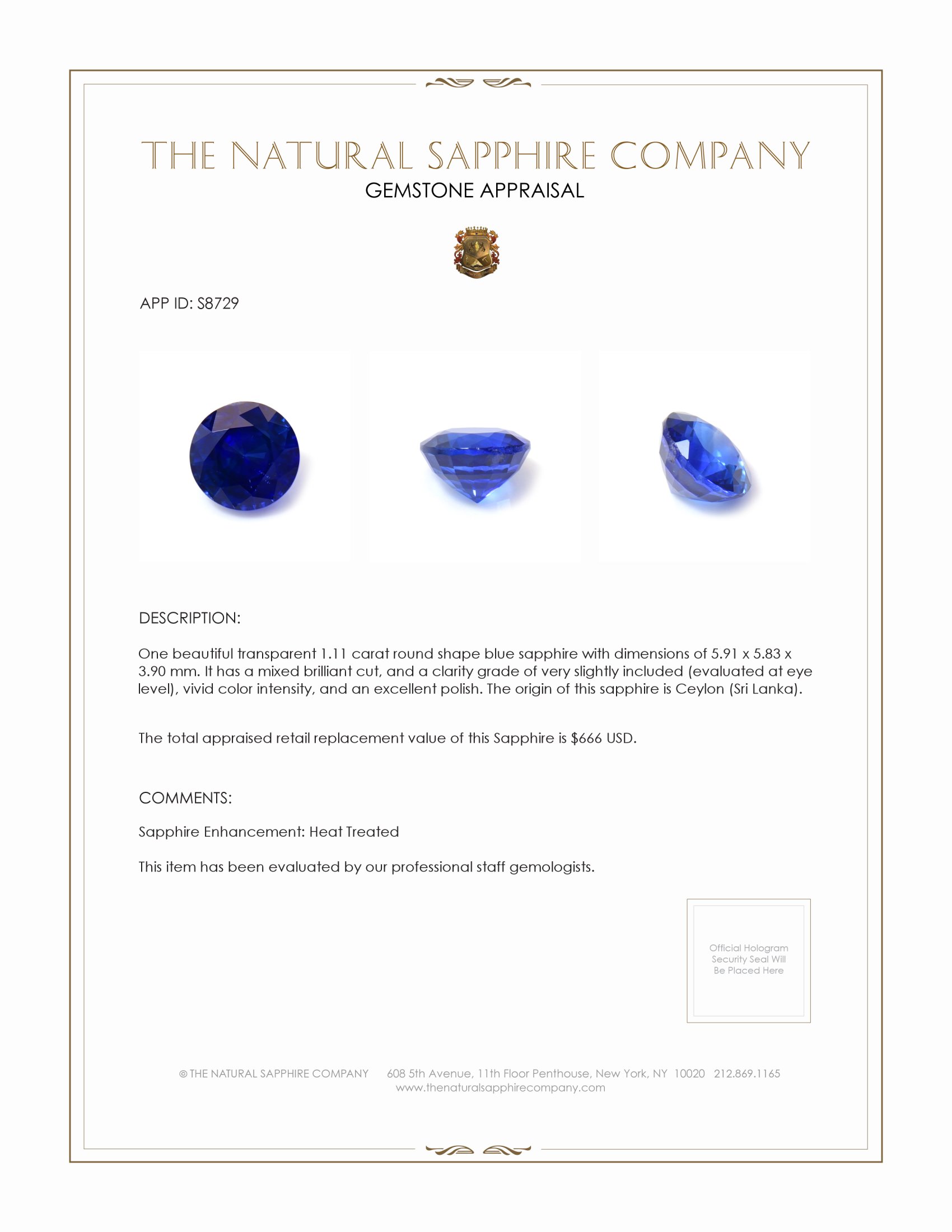 1.11 Ct. Blue Sapphire from Ceylon (Sri Lanka)