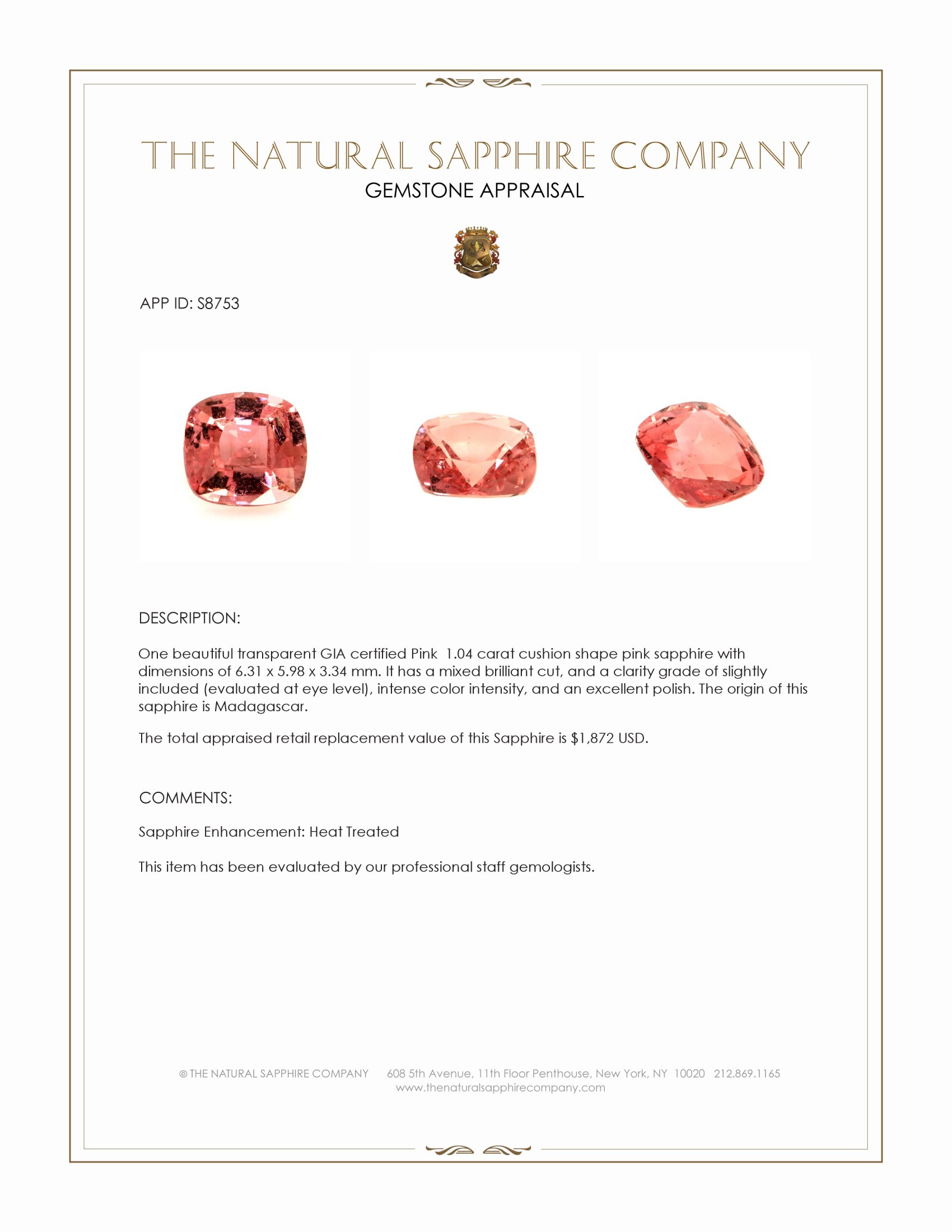 1.04 Ct. Pink Sapphire from Madagascar