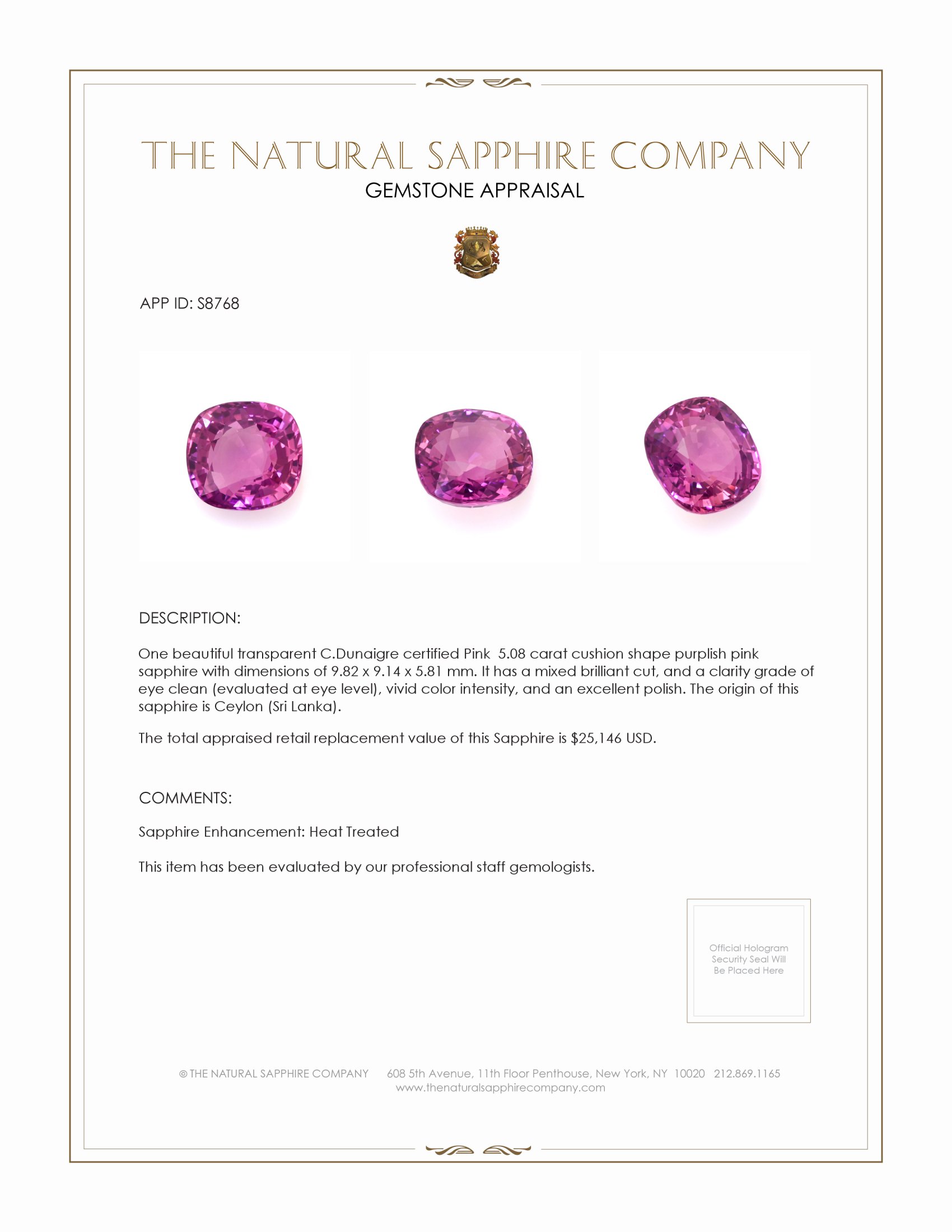 5.08 Ct. Purplish Pink Sapphire from Ceylon (Sri Lanka)