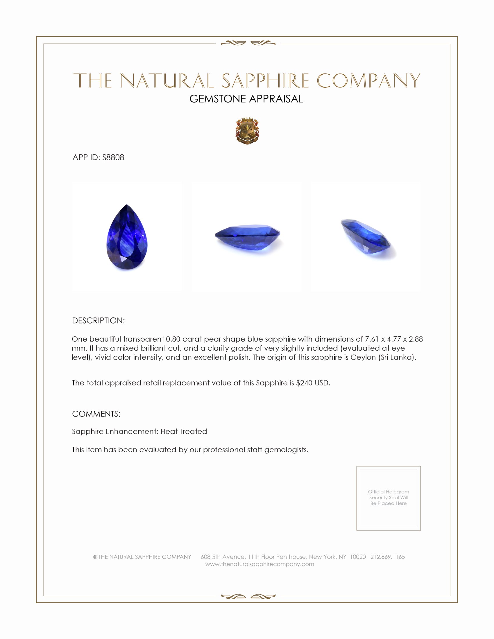 0.80 Ct. Blue Sapphire from Ceylon (Sri Lanka)