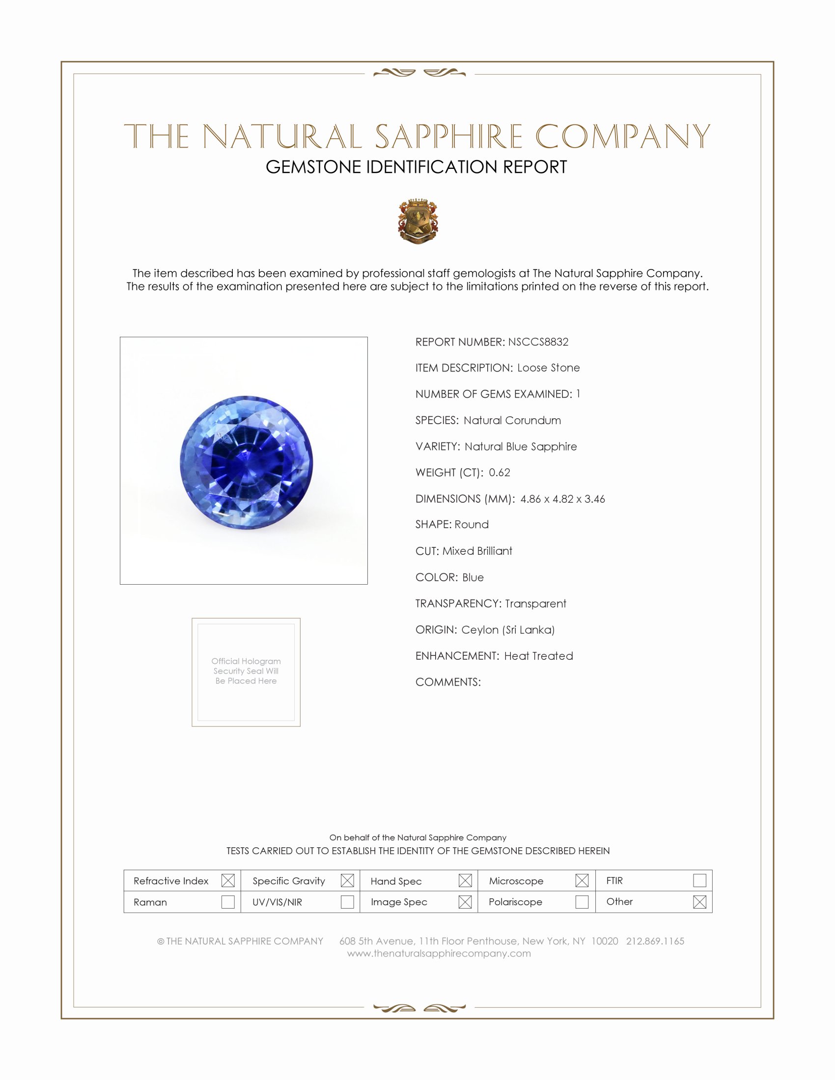 0.62 Ct. Blue Sapphire from Ceylon (Sri Lanka)