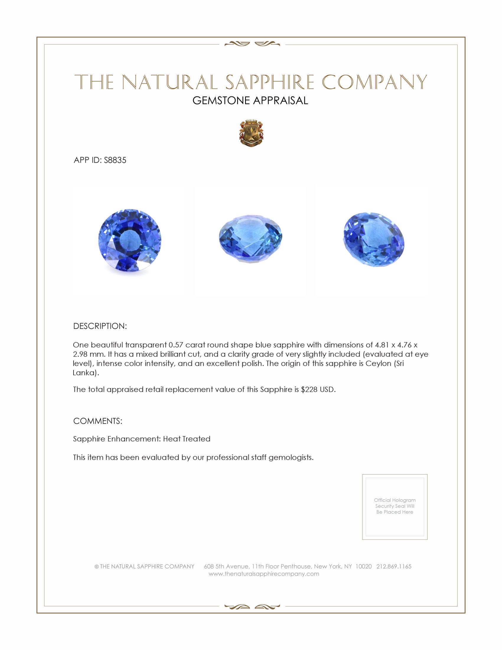 0.57 Ct. Blue Sapphire from Ceylon (Sri Lanka)