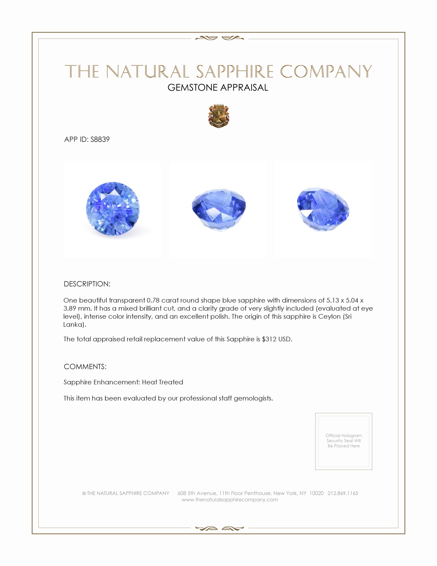 0.78 Ct. Blue Sapphire from Ceylon (Sri Lanka)