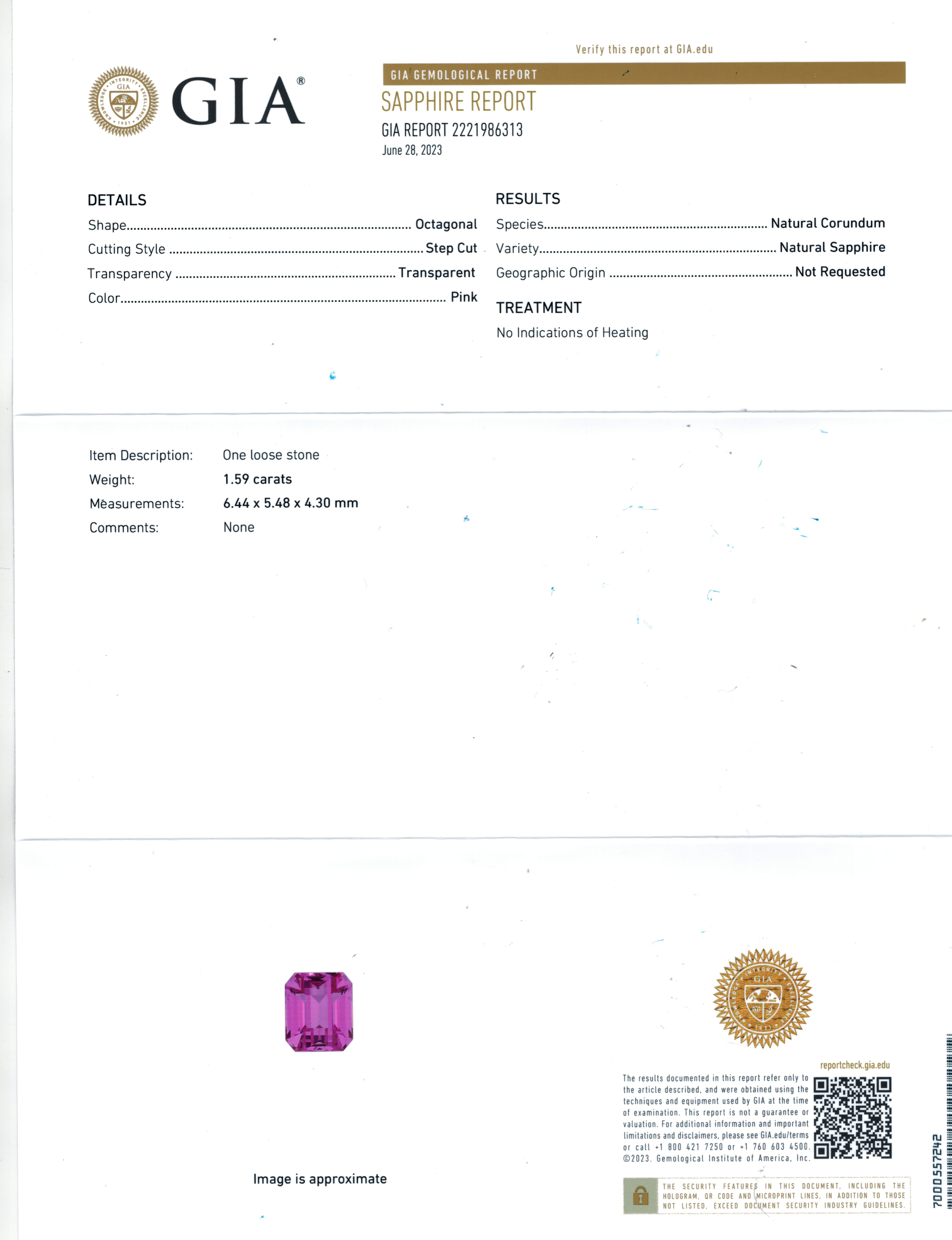 1.59 Ct. Pink Sapphire from Ceylon (Sri Lanka)