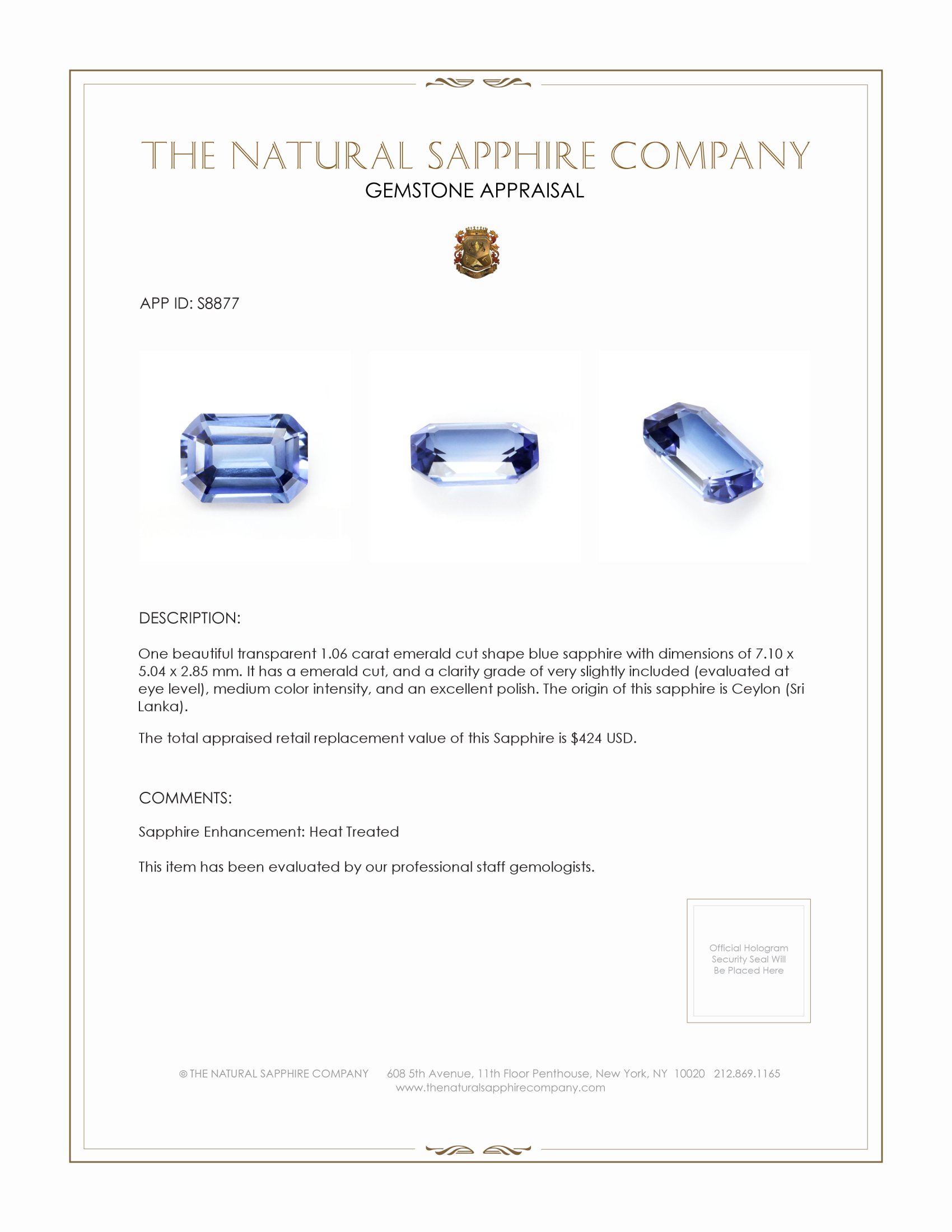1.06 Ct. Blue Sapphire from Ceylon (Sri Lanka)