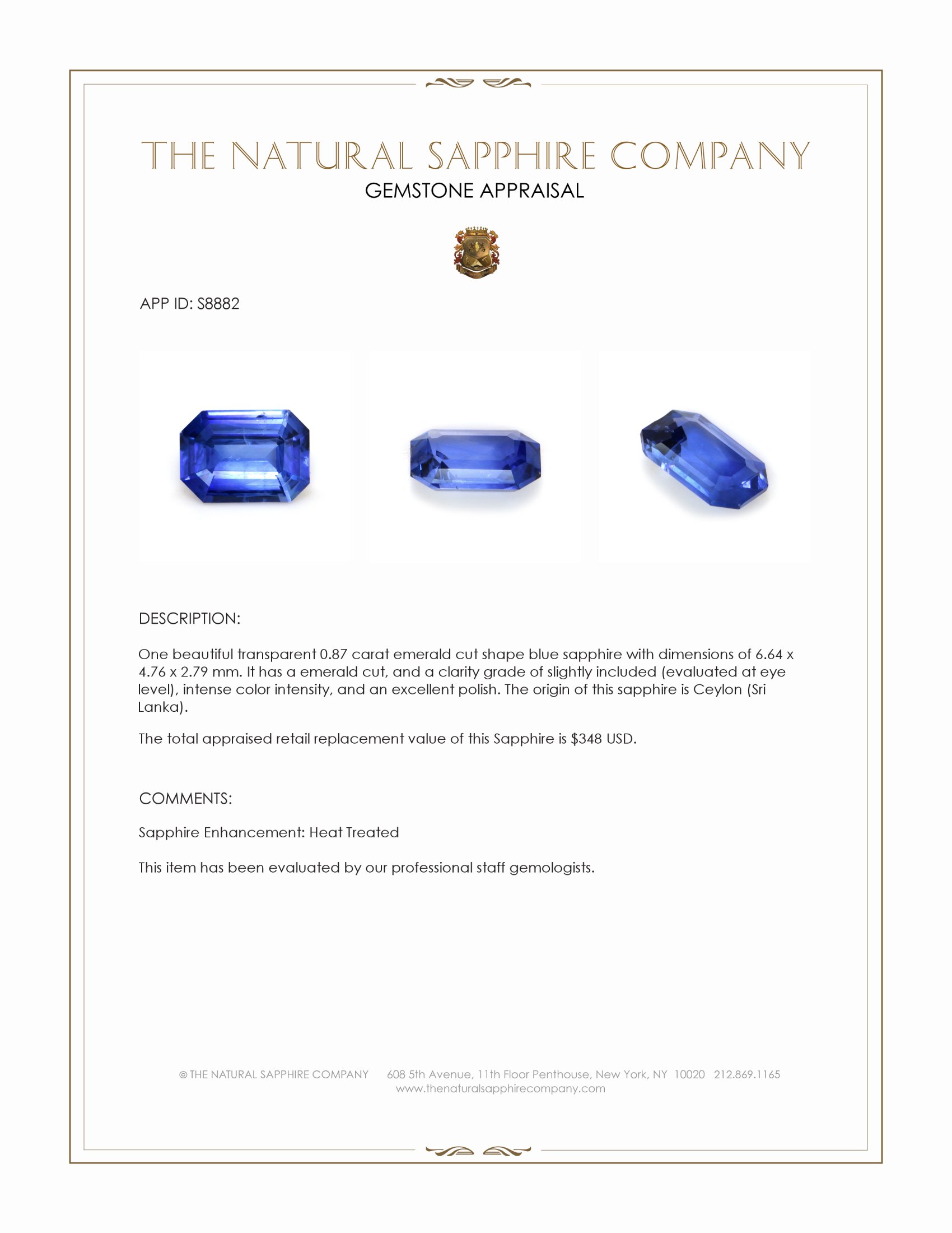 0.87 Ct. Blue Sapphire from Ceylon (Sri Lanka)